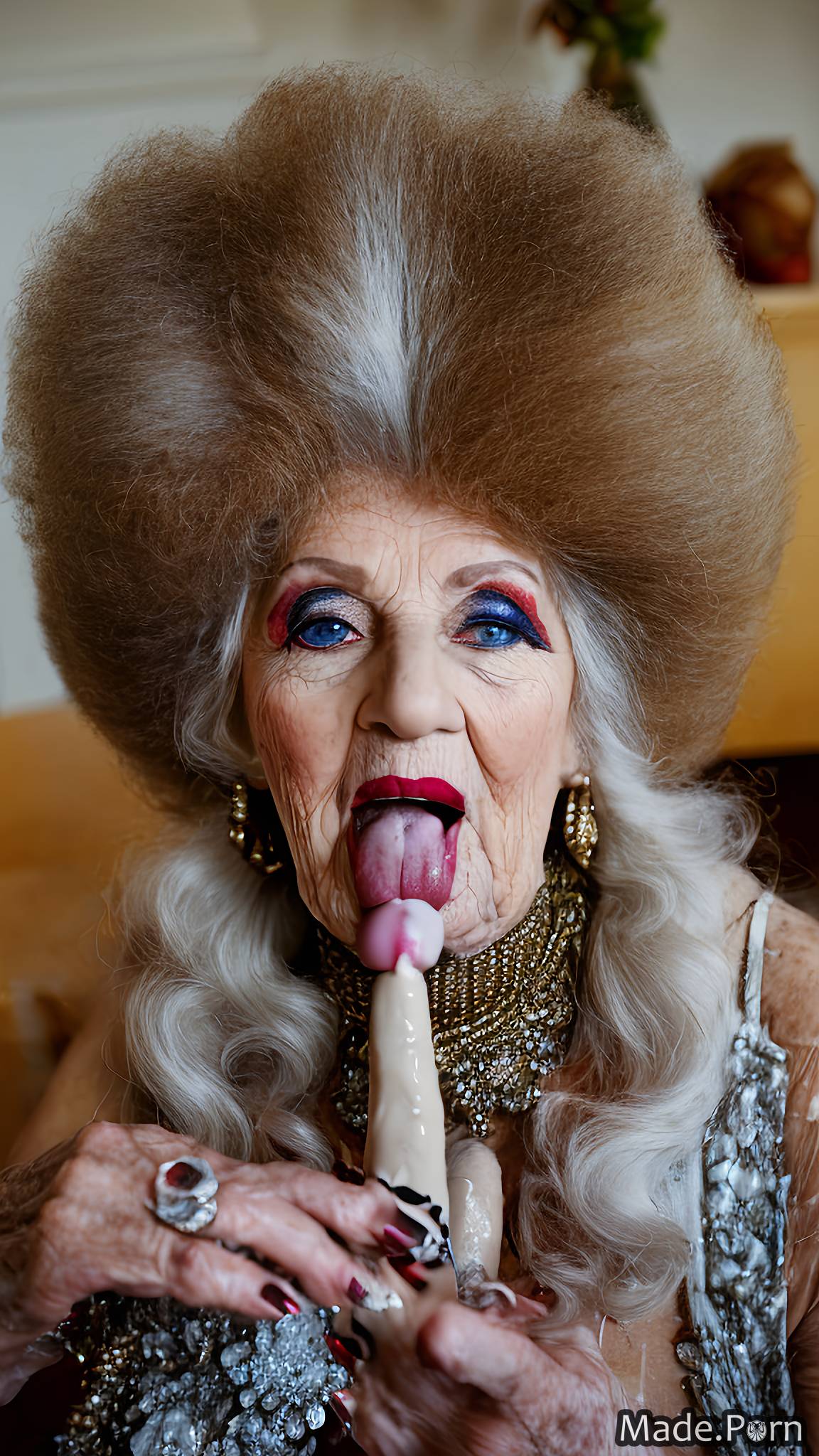 Porn Image Of Full Shot Long Fingernails Wild Afro Indoors White Hair