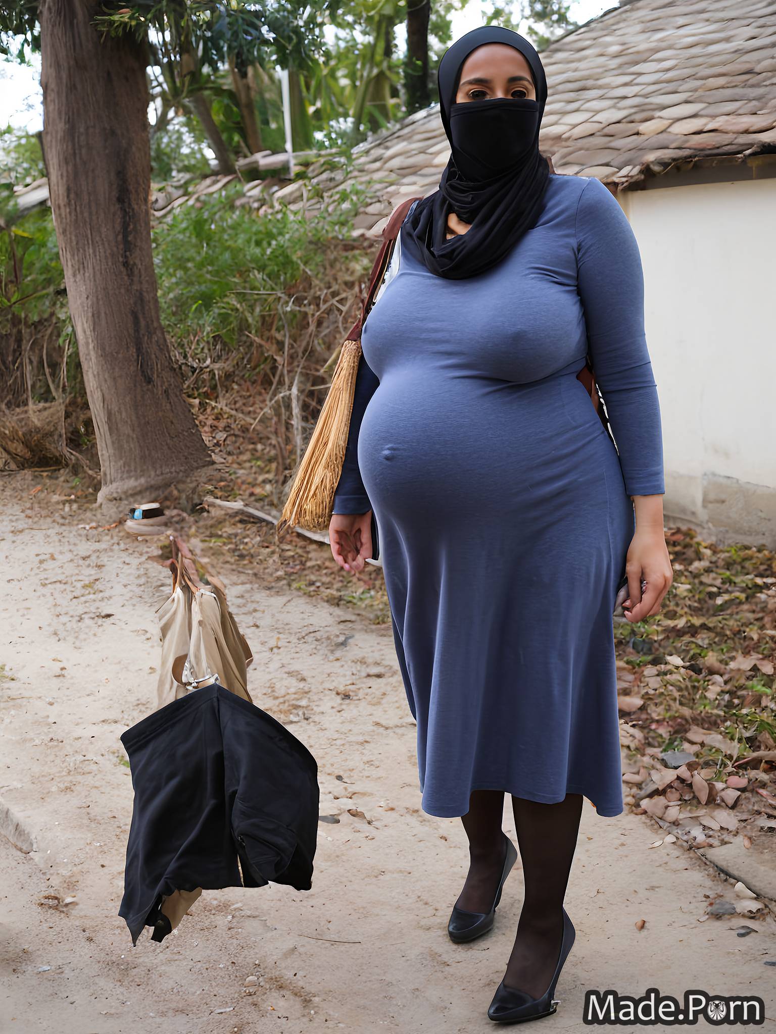 Porn image of public niqab fully clothed woman standing 40 pregnant created  by AI