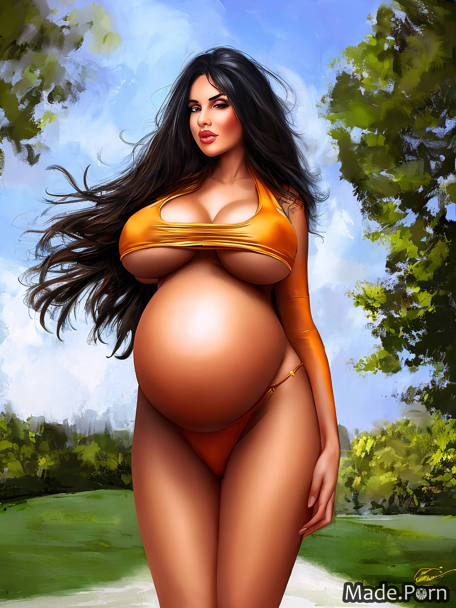 Porn image of realistic art pregnant busty public frizzy hair cleavage long  hair created by AI