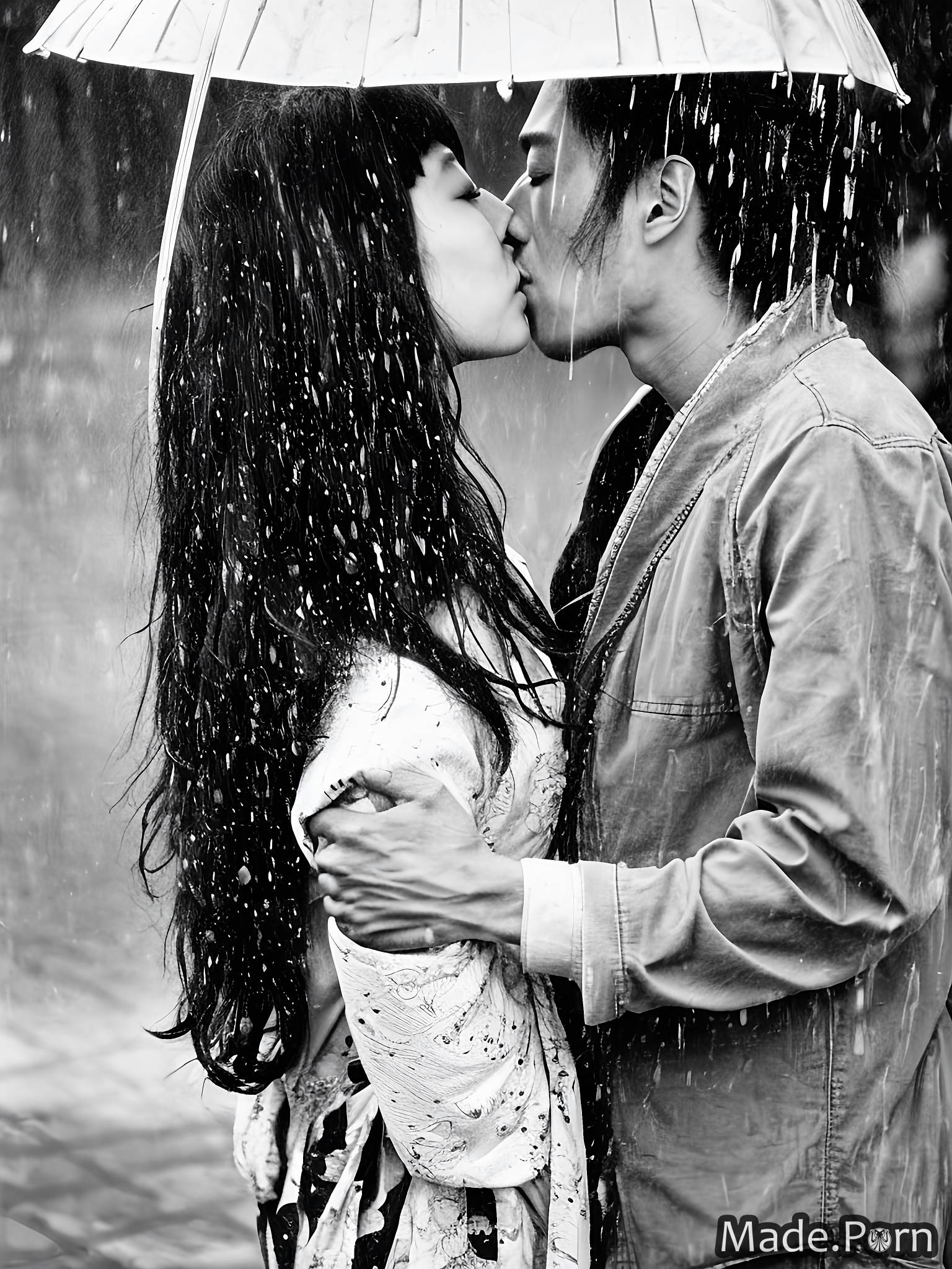 Porn image of japanese kissing 20 street rain vintage nude woman created by  AI