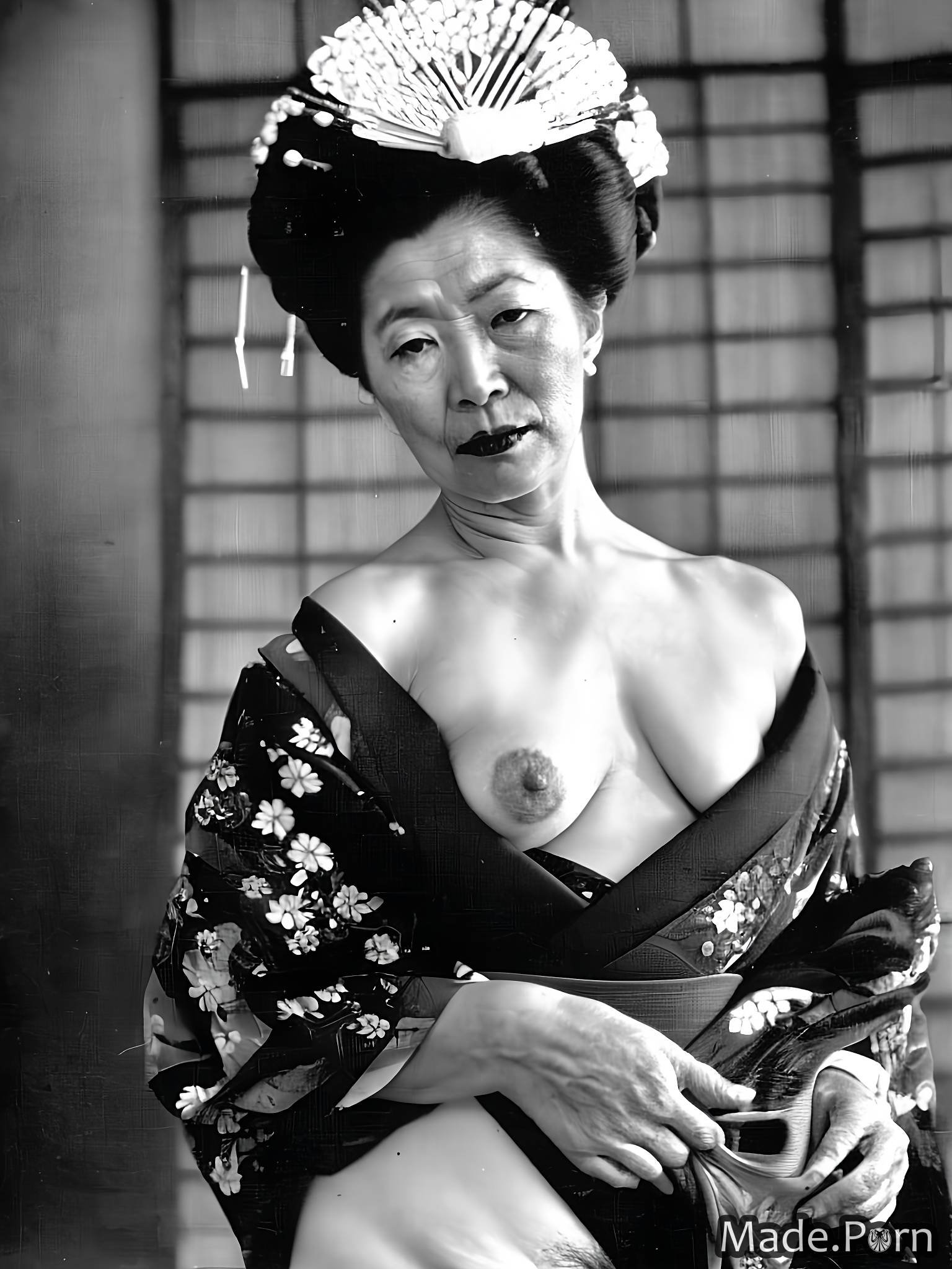 Porn image of vintage skinny 80 portrait geisha saggy tits partially nude  created by AI