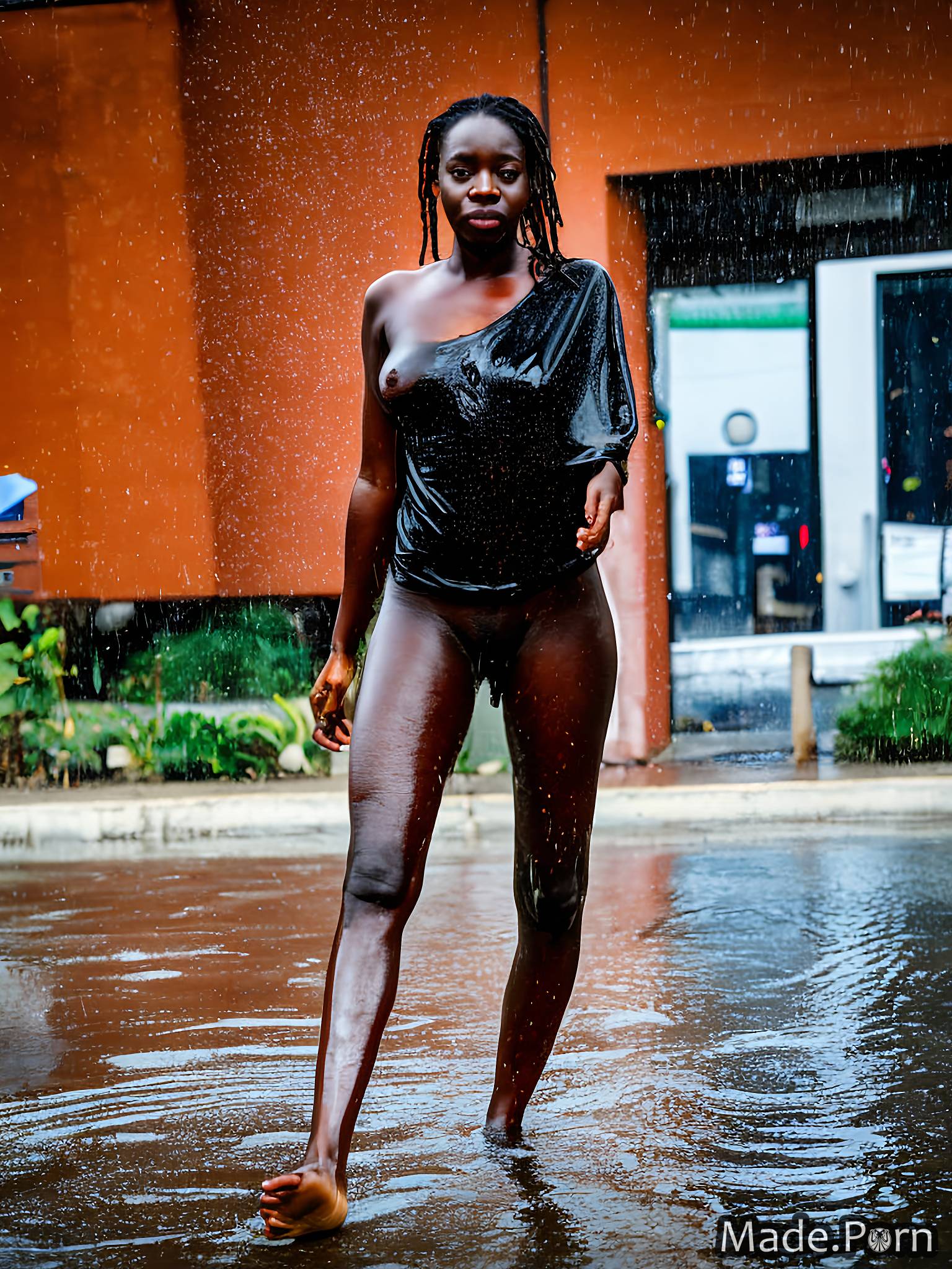 Porn image of wet street black rain shaved skinny babe created by AI