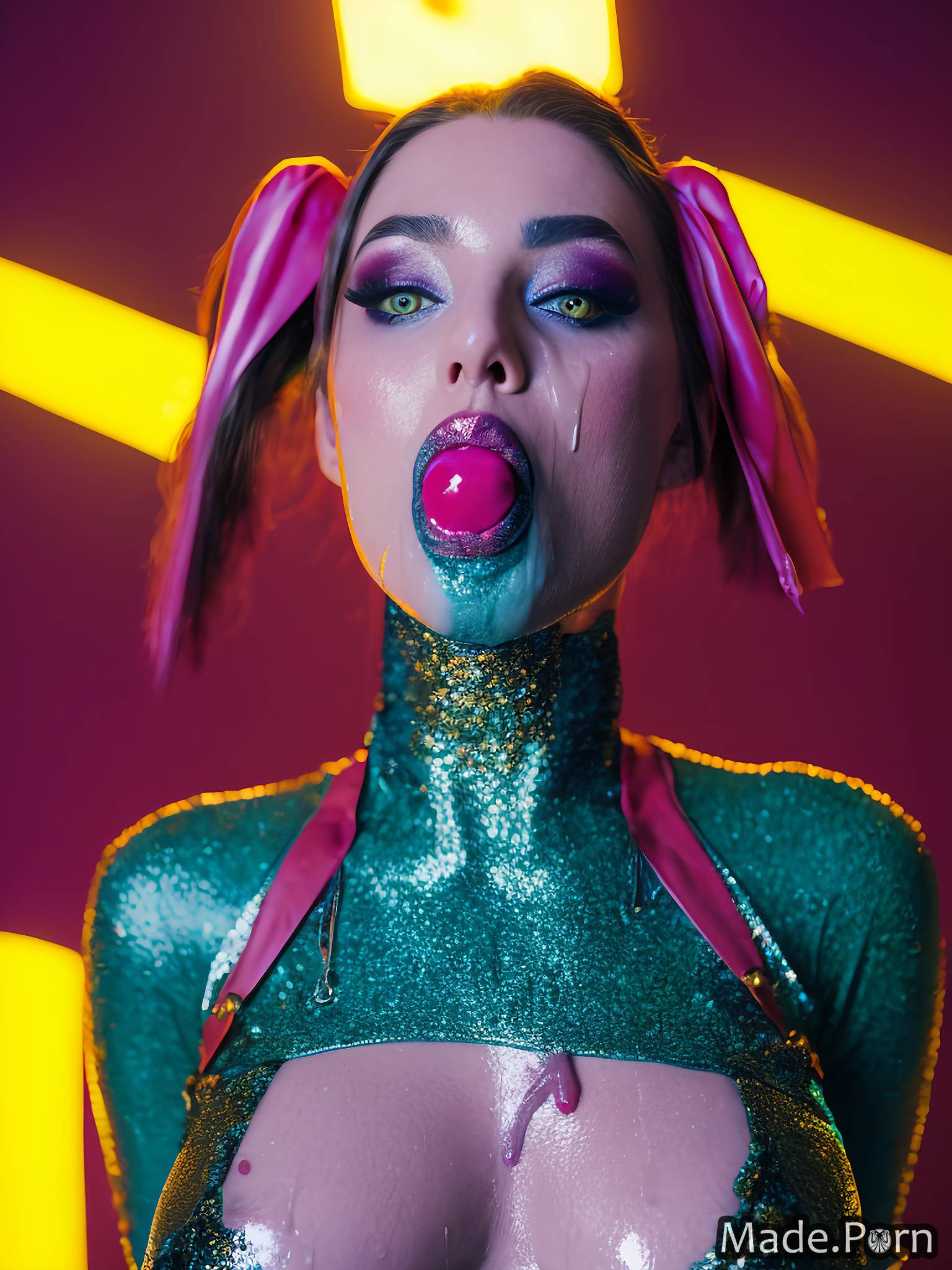 Porn image of sweat pink skinny pastel superhero bondage neon created by AI