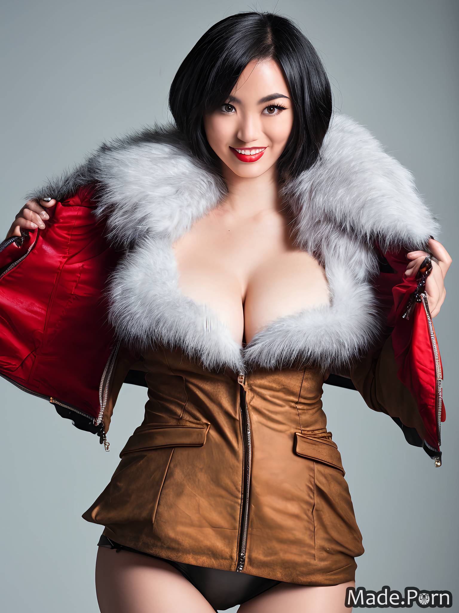 Porn image of red woman fur white 30 short hair jacket created by AI