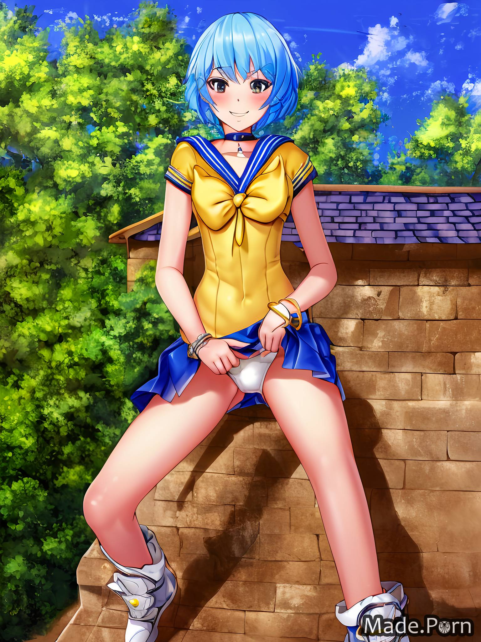 Porn image of pixie hair bodysuit anime short hair full shot gold blue hair  created by AI