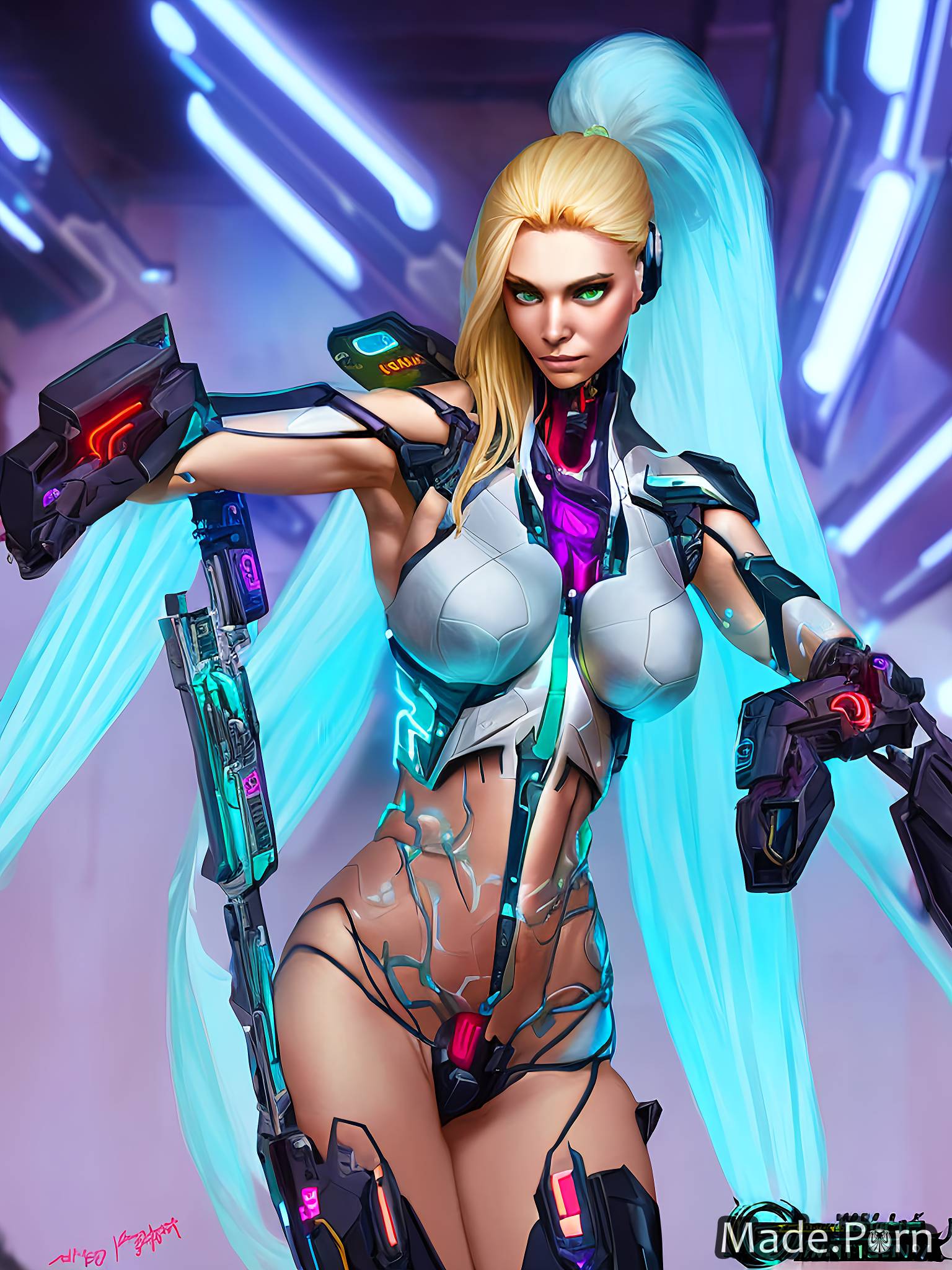 Porn image of cyberpunk angel ponytail cyborg 20 long hair blonde created  by AI