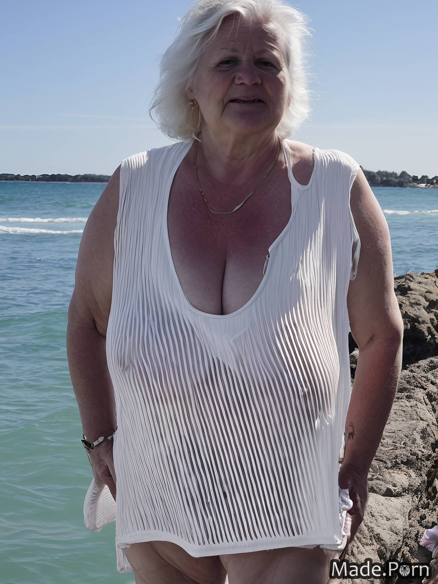 Granny Beach Tits - Porn image of big hips thick amateur huge boobs messy hair 80 bathing  created by AI