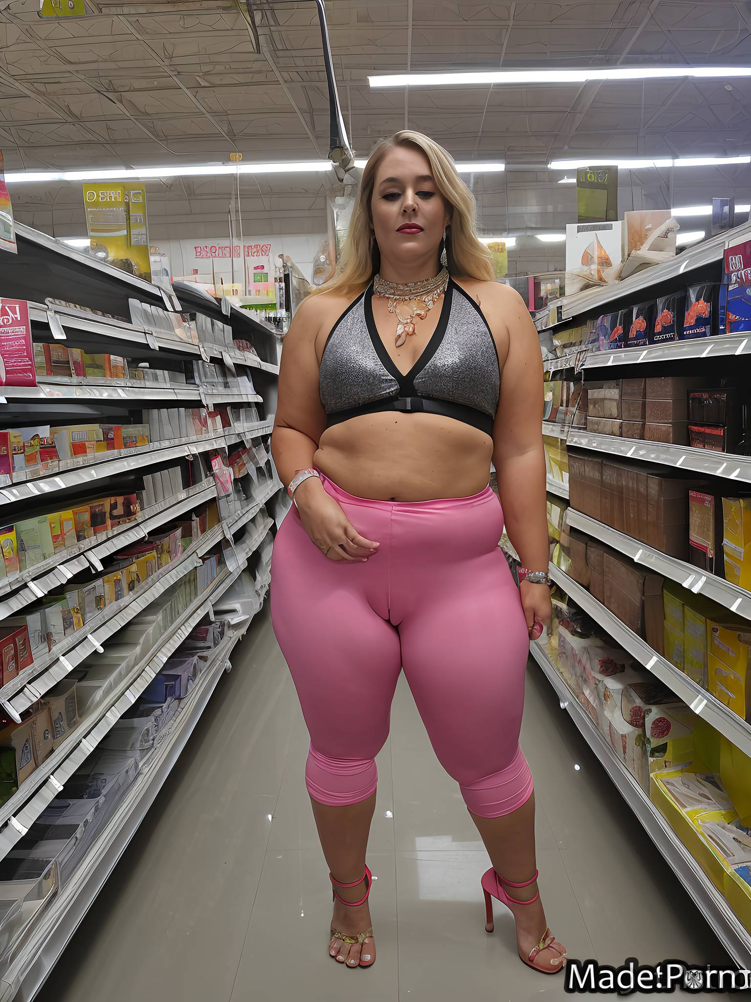 Porn image of silver after sex hair yoga pants fat grocery store thong 90  created by AI