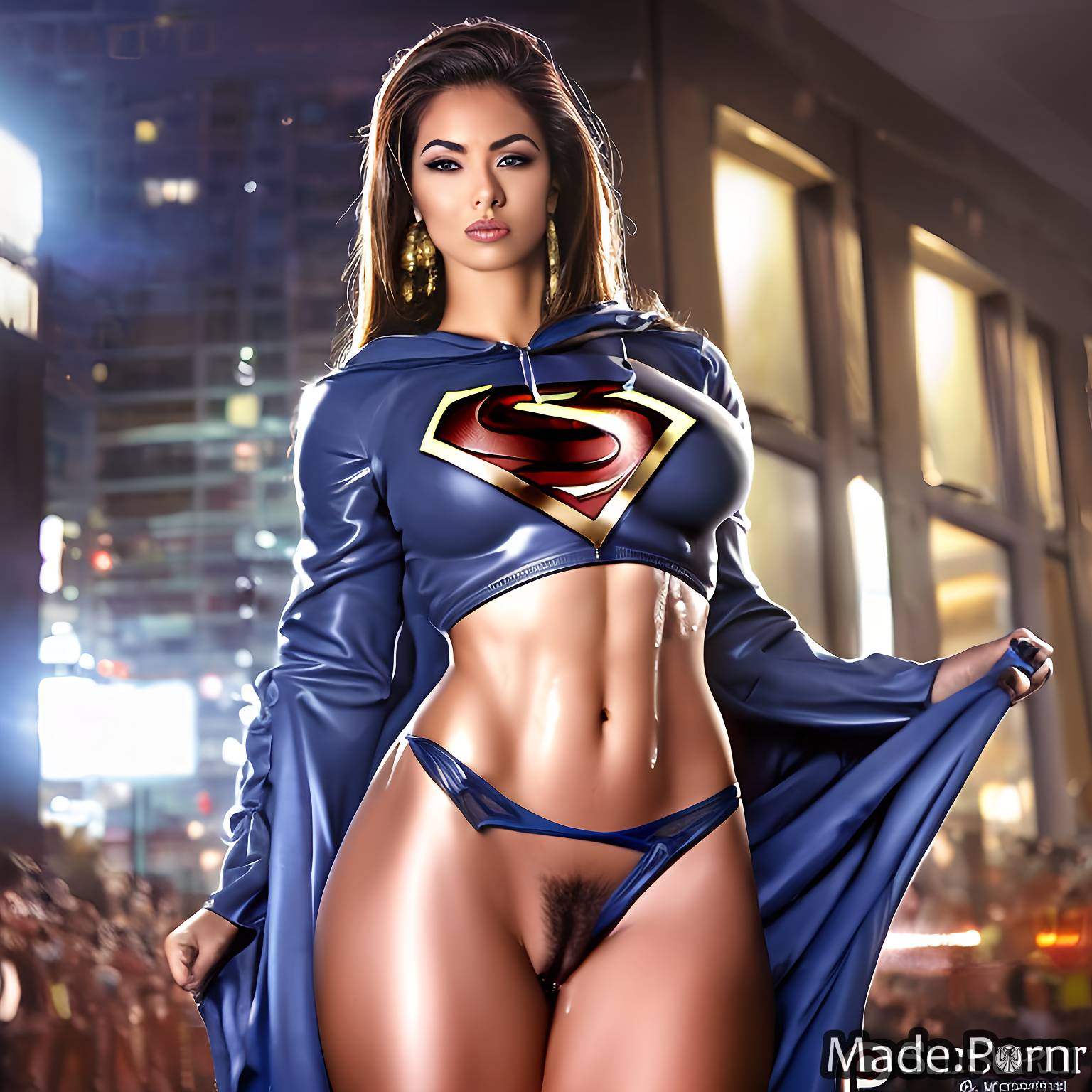 Porn image of woman 20 bodybuilder superhero pussy juice wet perfect boobs  created by AI