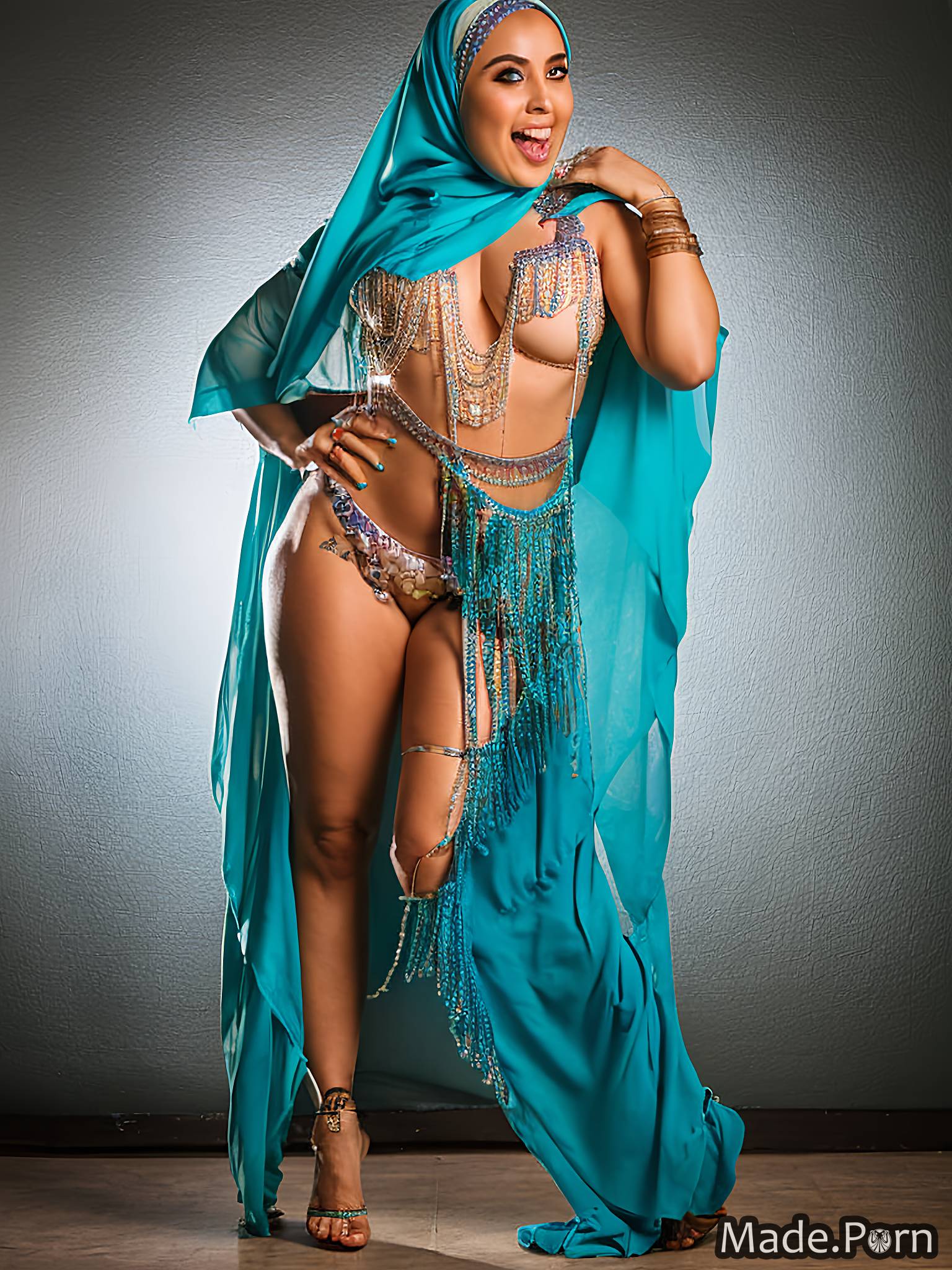 Arabian Clothing Porn - Porn image of laughing hijab pastel silver topless arabic teal created by AI