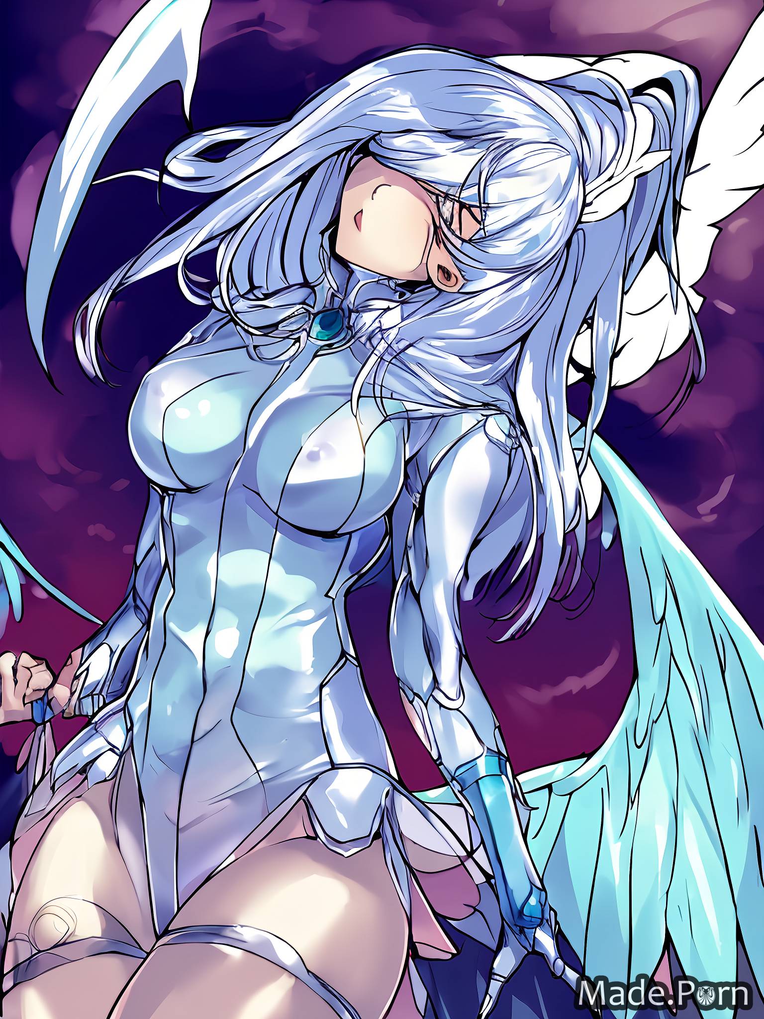 Porn image of short transparent serious bangs hair anime angel white hair  created by AI