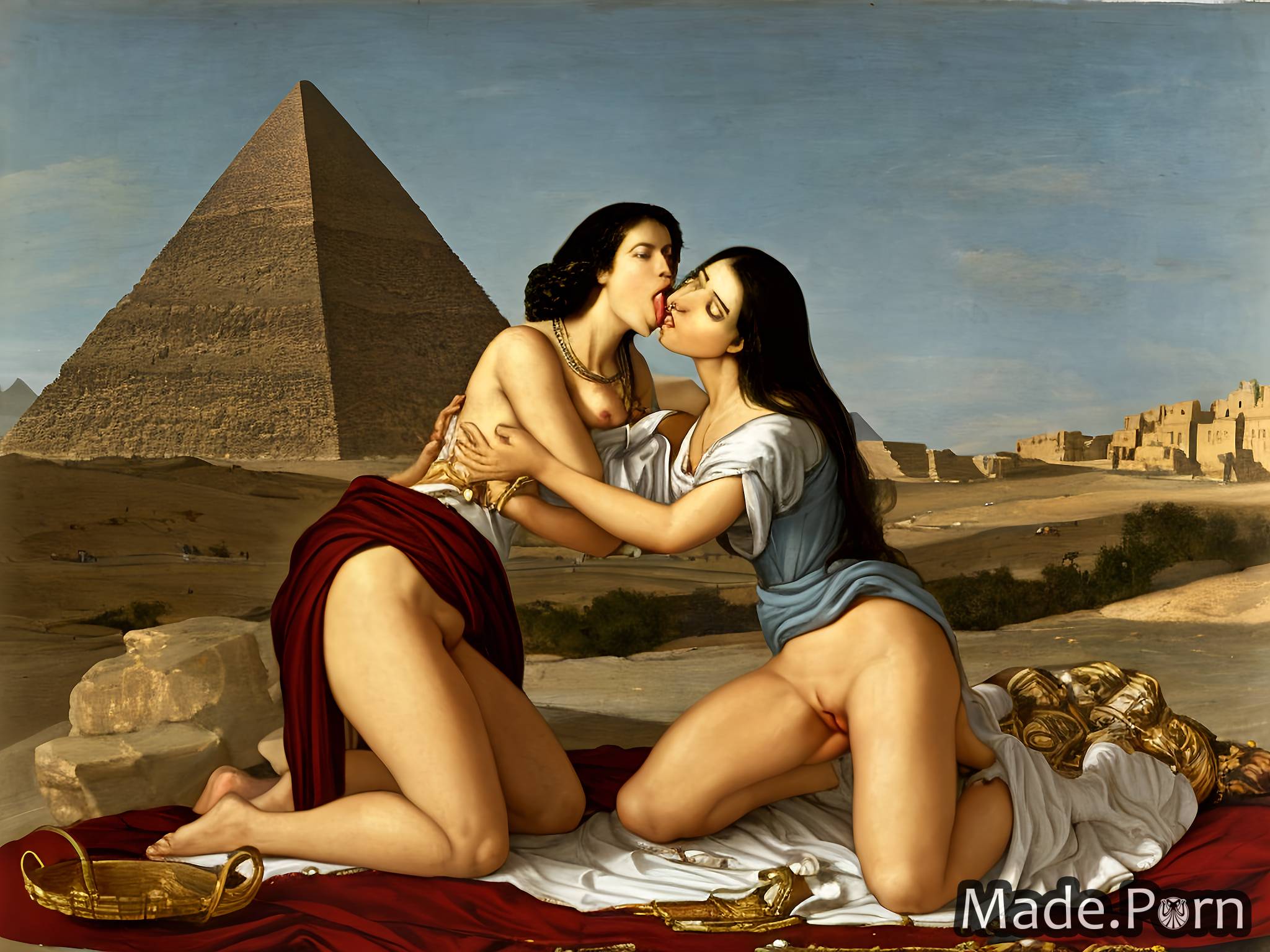 Porn image of lesbian Pyramids of Giza, Egypt necklace pastel medium shot  exhausted kneeling created by AI