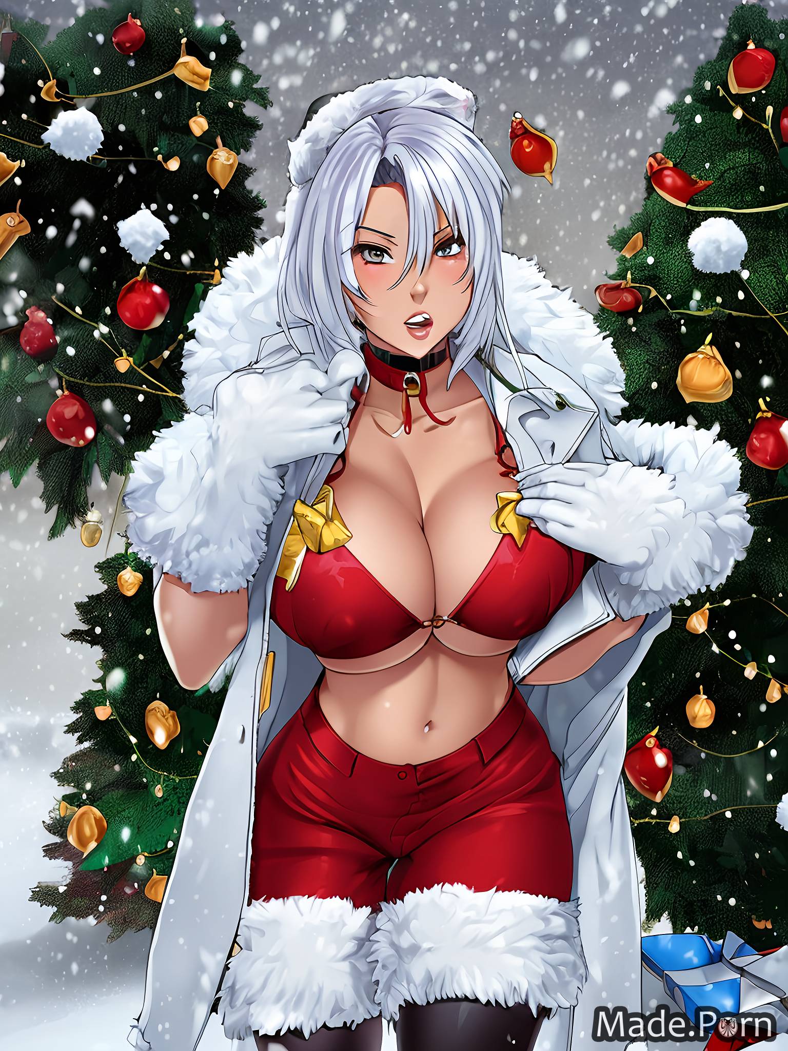 Porn image of cosplay flashing tits santa white hair fur busty cosplay  created by AI