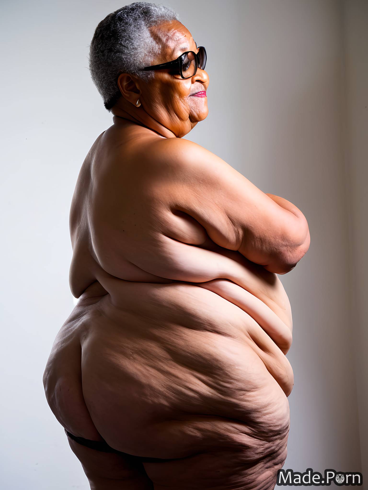 Porn image of woman slicked hair fat thick big hips short ssbbw created by  AI