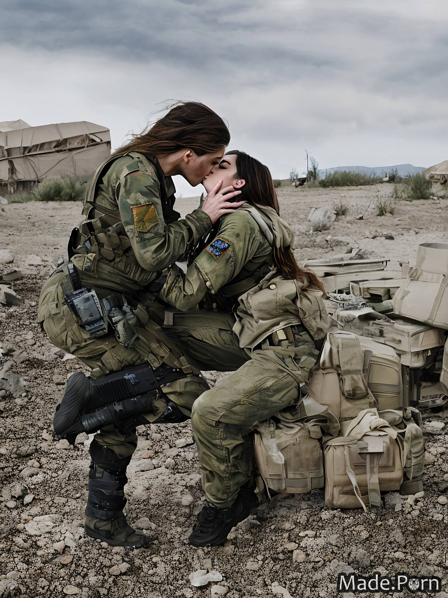 Porn image of military 20 post-apocalyptic big balls kissing big tits  lesbian long hair created by AI