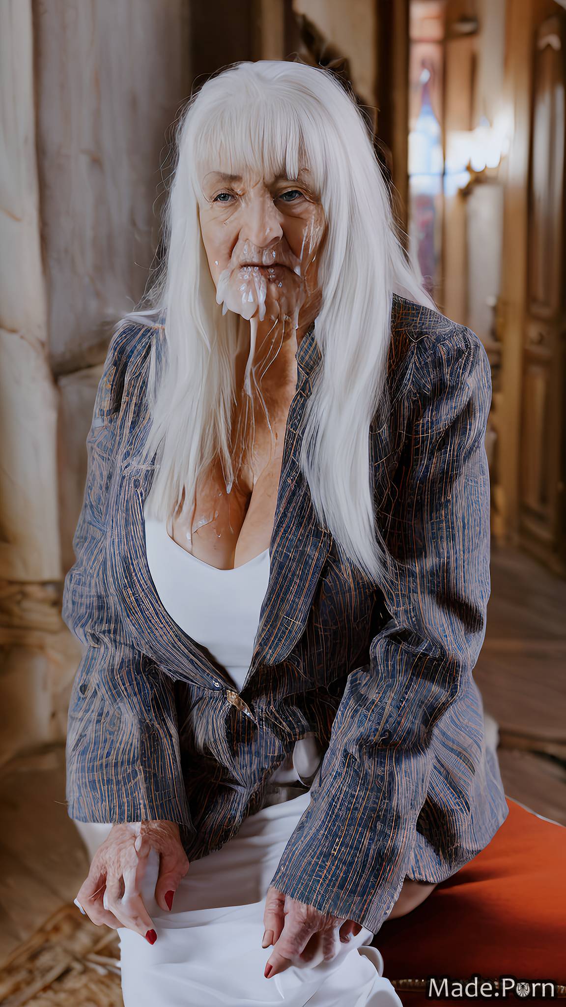 Porn image of caucasian goth white hair made woman long hair jacket created  by AI