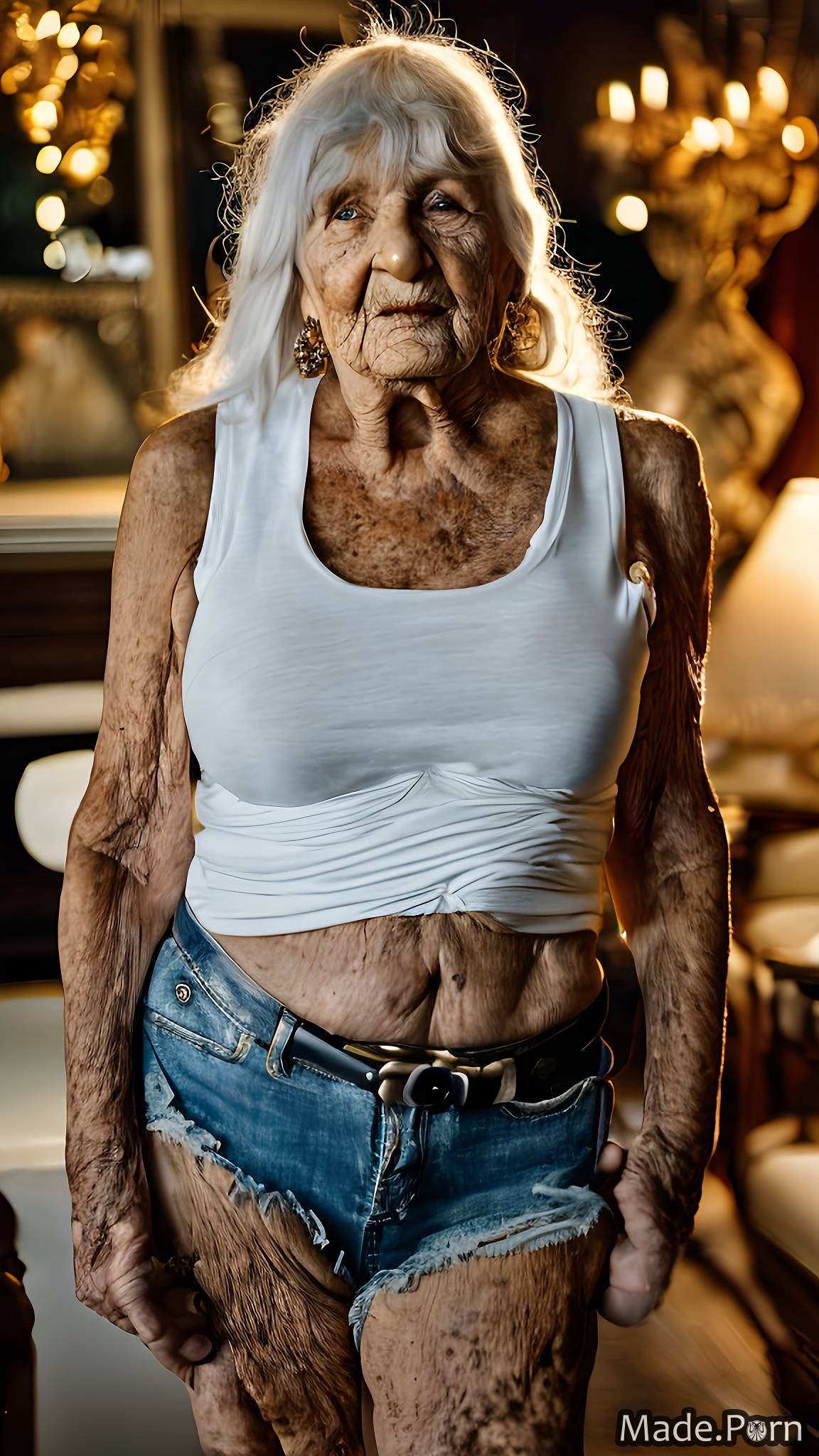 Porn image of woman caucasian 90 long hair tank top looking at viewer daisy  dukes created by AI