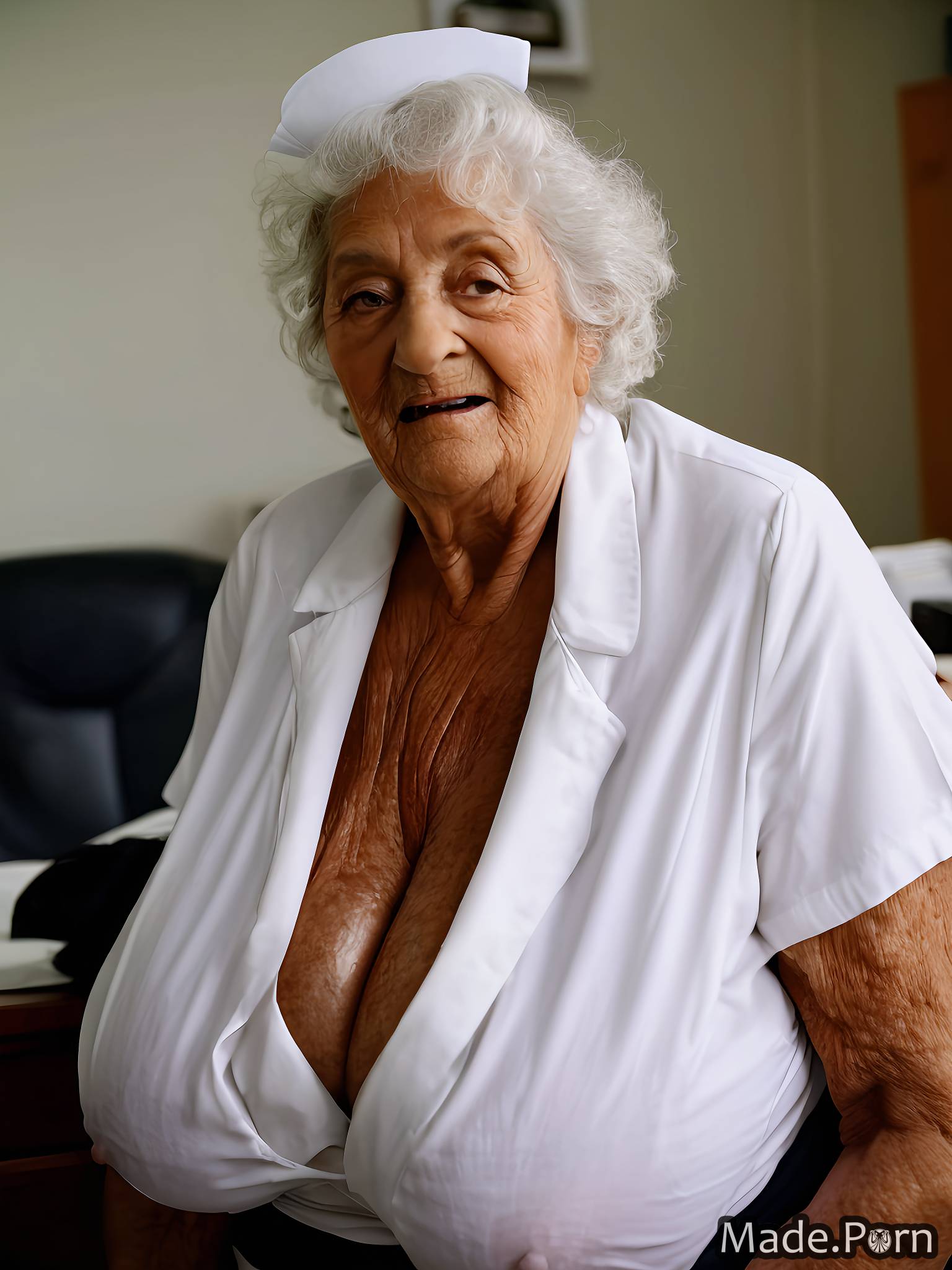 Porn image of tanned skin woman white hair caucasian oiled body  