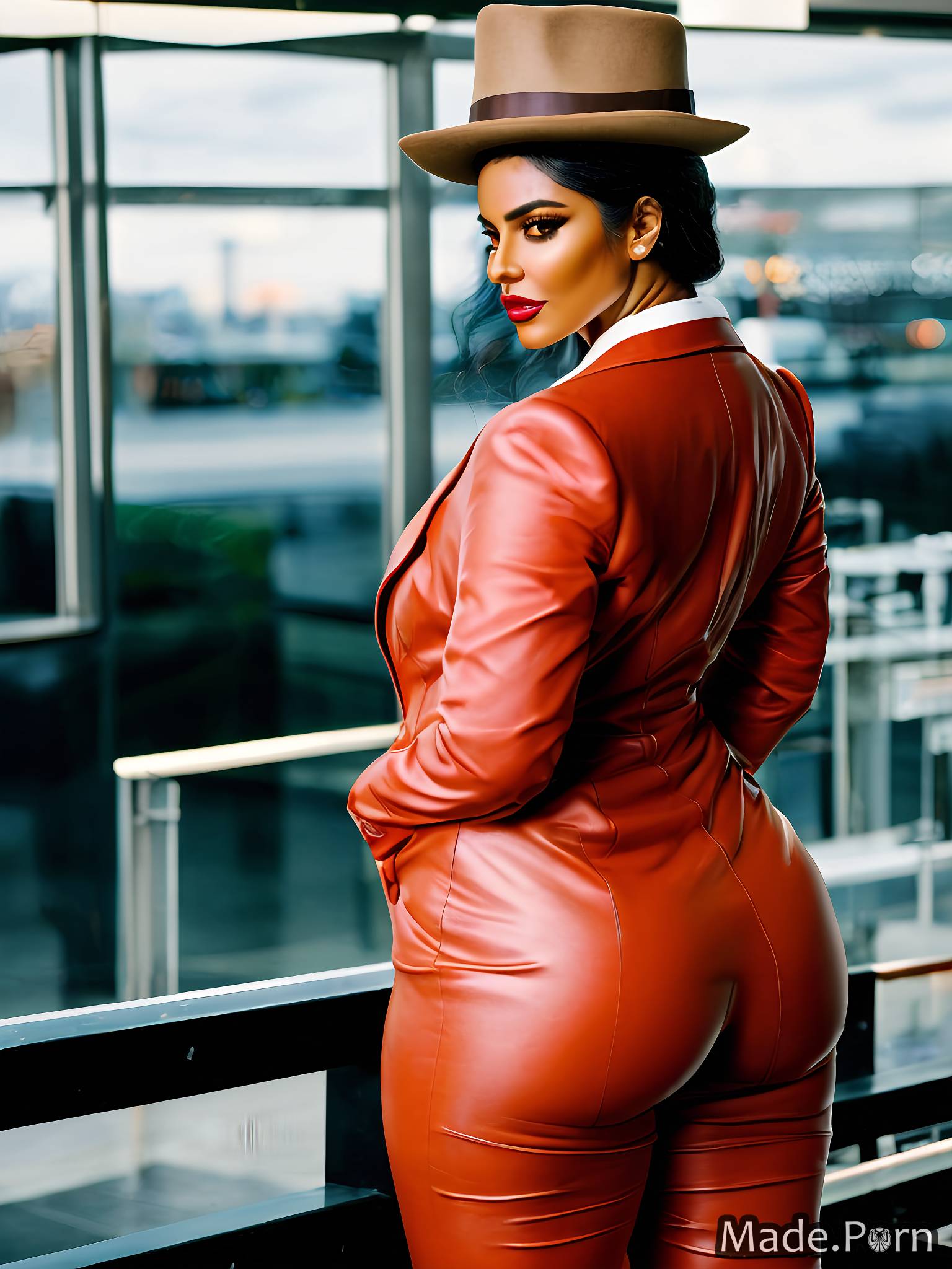 Porn image of standing chubby latina jacket hairy woman thick thighs  created by AI