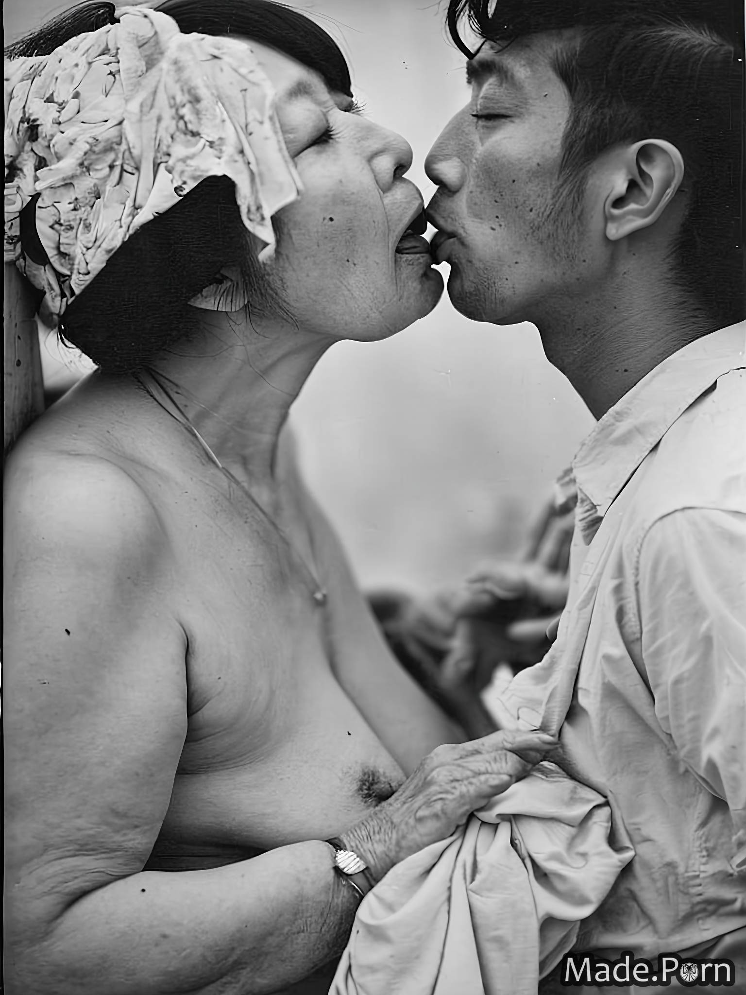 Porn image of nude japanese vintage kissing 90 rain close up created by AI