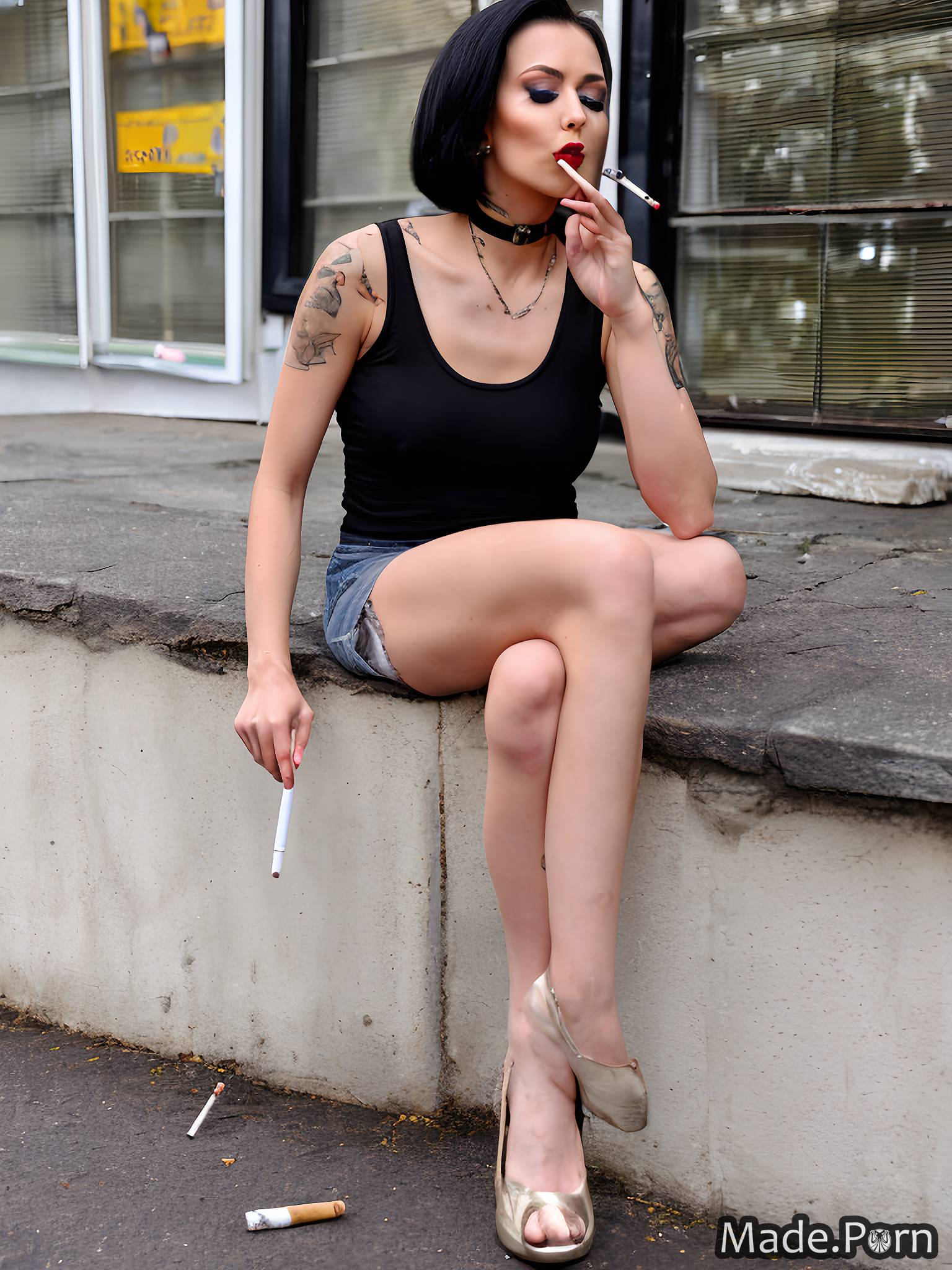 Porn image of smoking sitting black hair medium shot tank top lipstick  woman created by AI