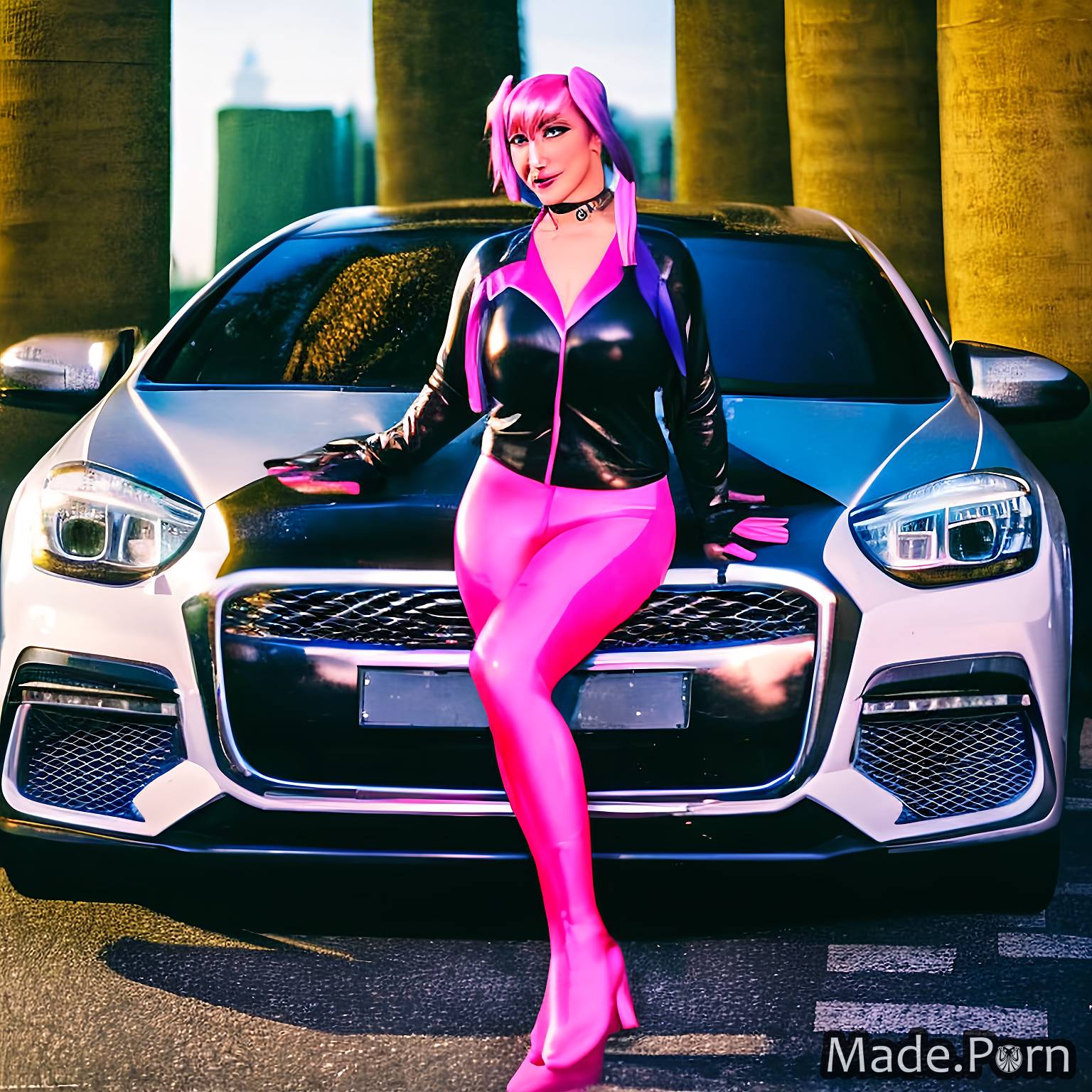 Porn image of leather chinese pigtails car magenta professor pink hair  created by AI