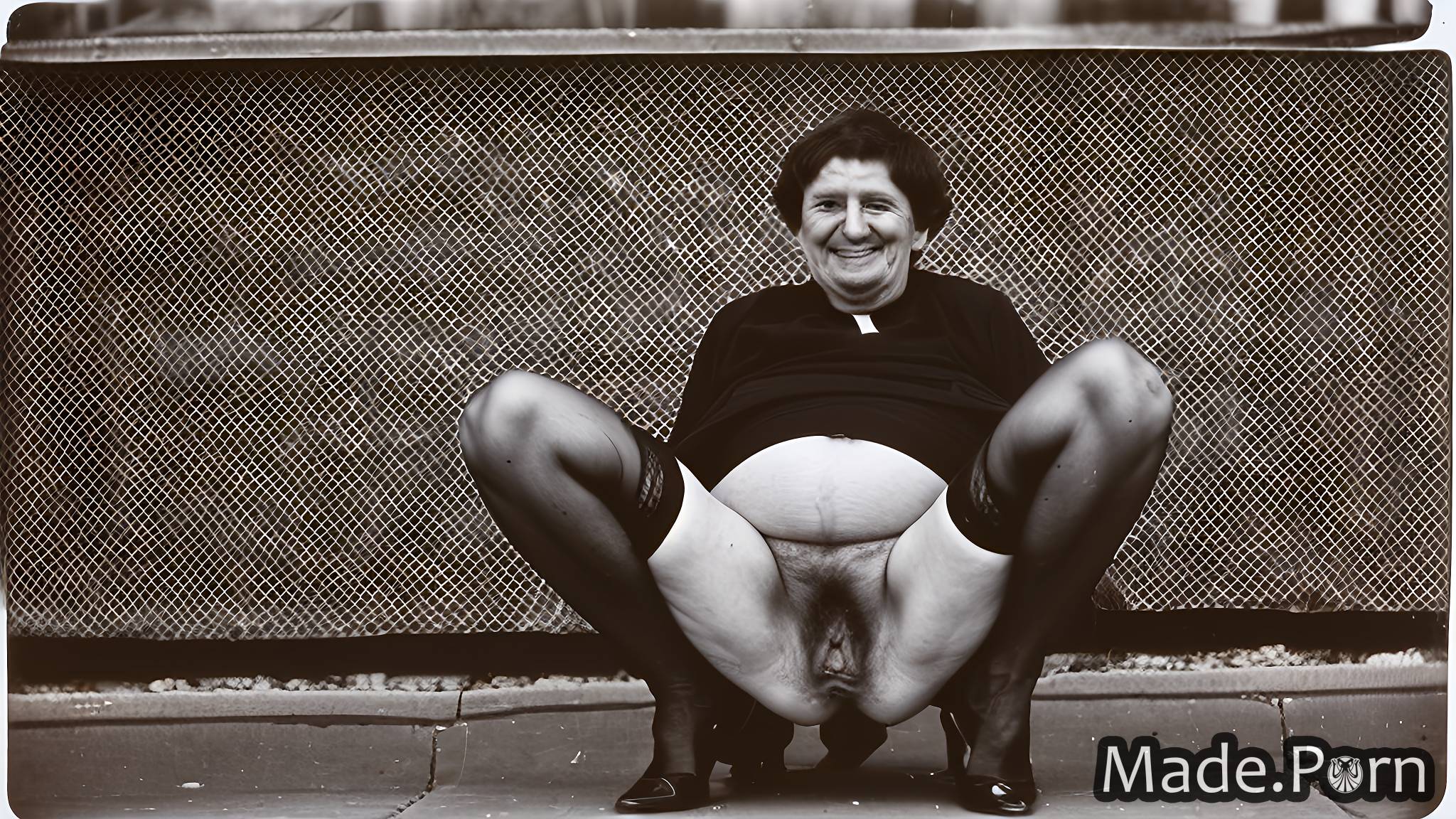 90 <b>woman</b> <b>hairy</b> ssbbw squatting nun spreading legs AI <b>porn</b>.