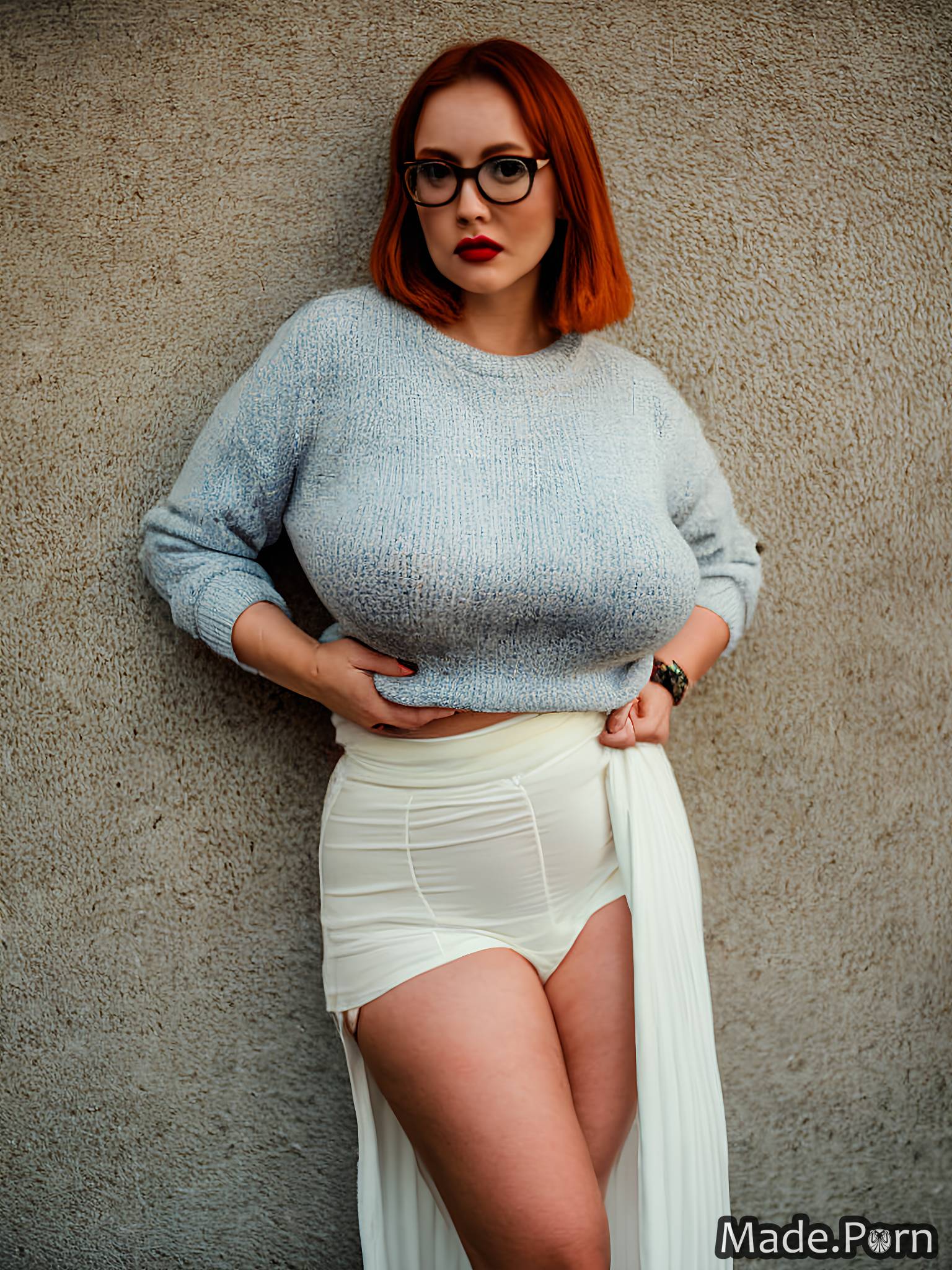 Long Skirt - Porn image of glasses 30 long skirt sweater white white ginger bobcut  created by AI