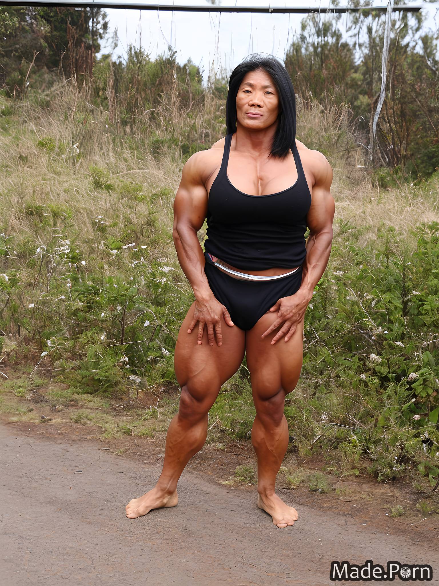 Porn image of 60 bodybuilder gigantic boobs muscular thick thighs asian  woman photo created by AI