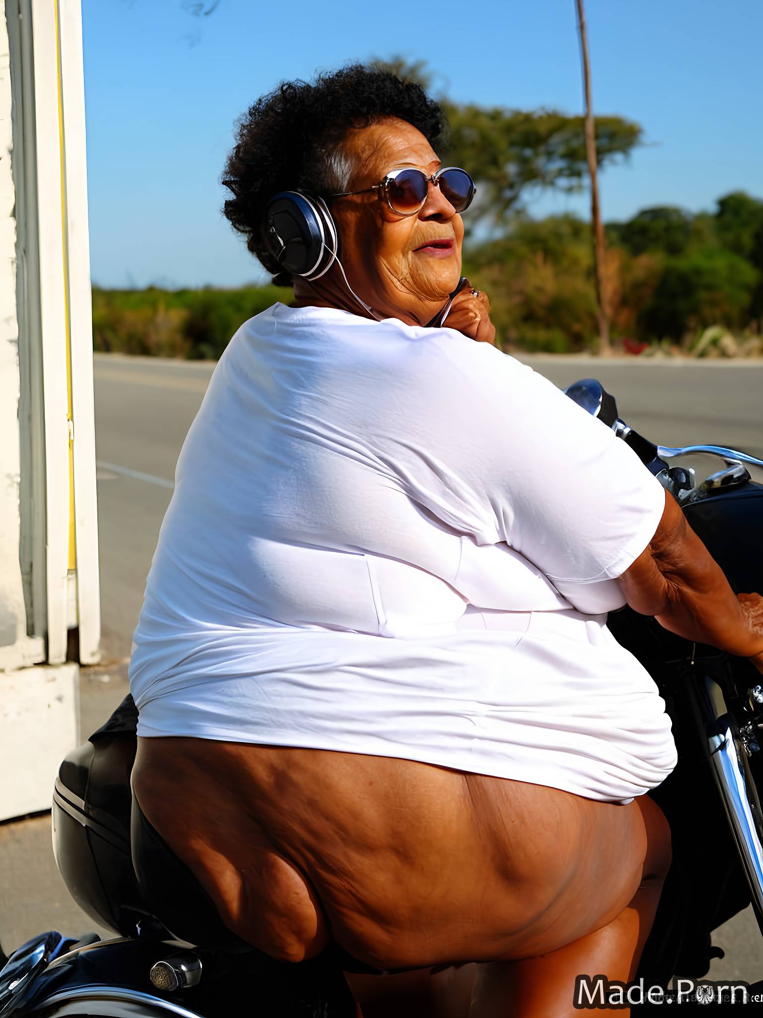 Porn image of big ass motorcycle nude 80 black hair sunglasses african  american created by AI