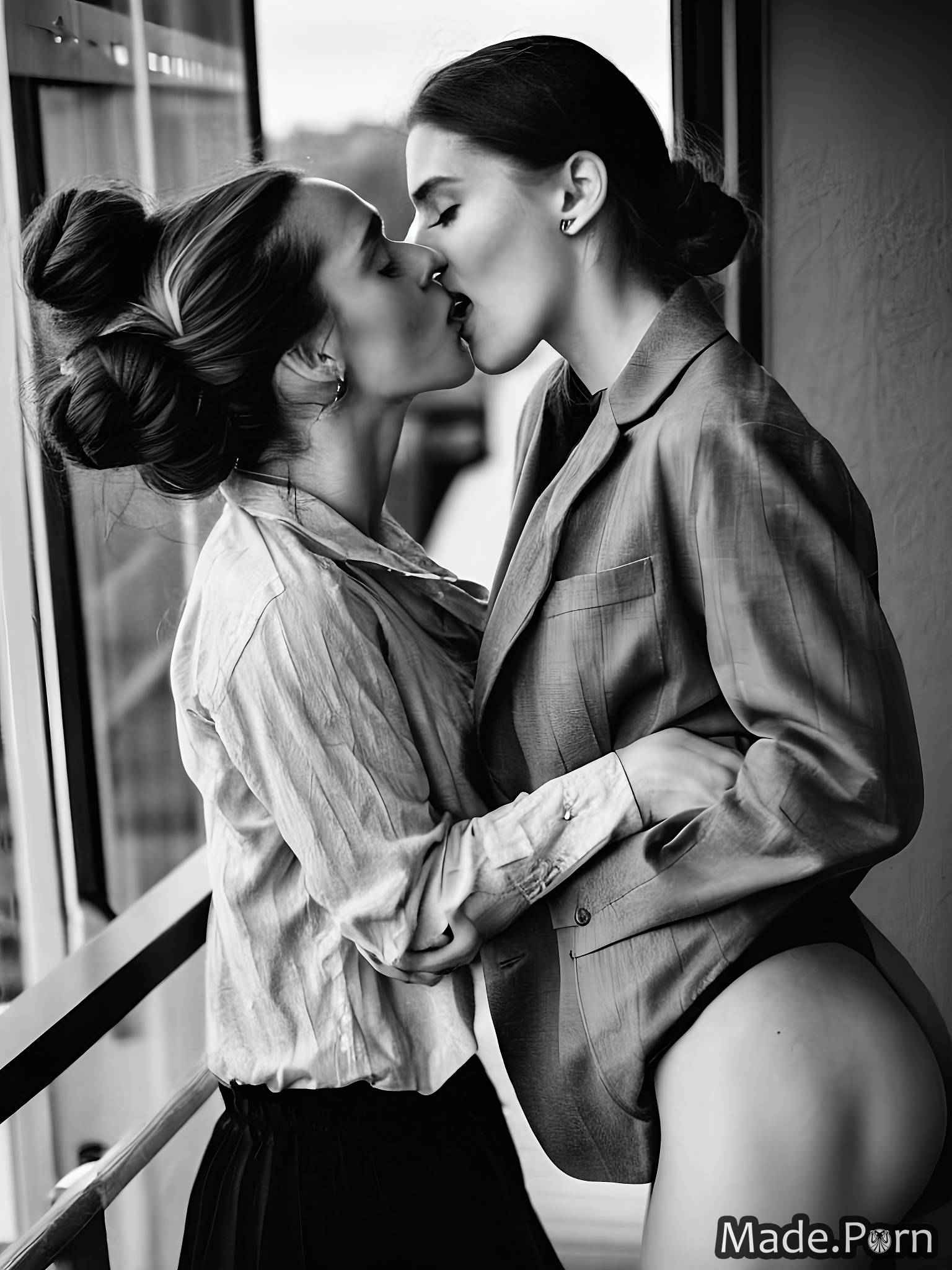 1536px x 2048px - Porn image of lesbian 90s hair bun balcony interracial kissing fully clothed  created by AI