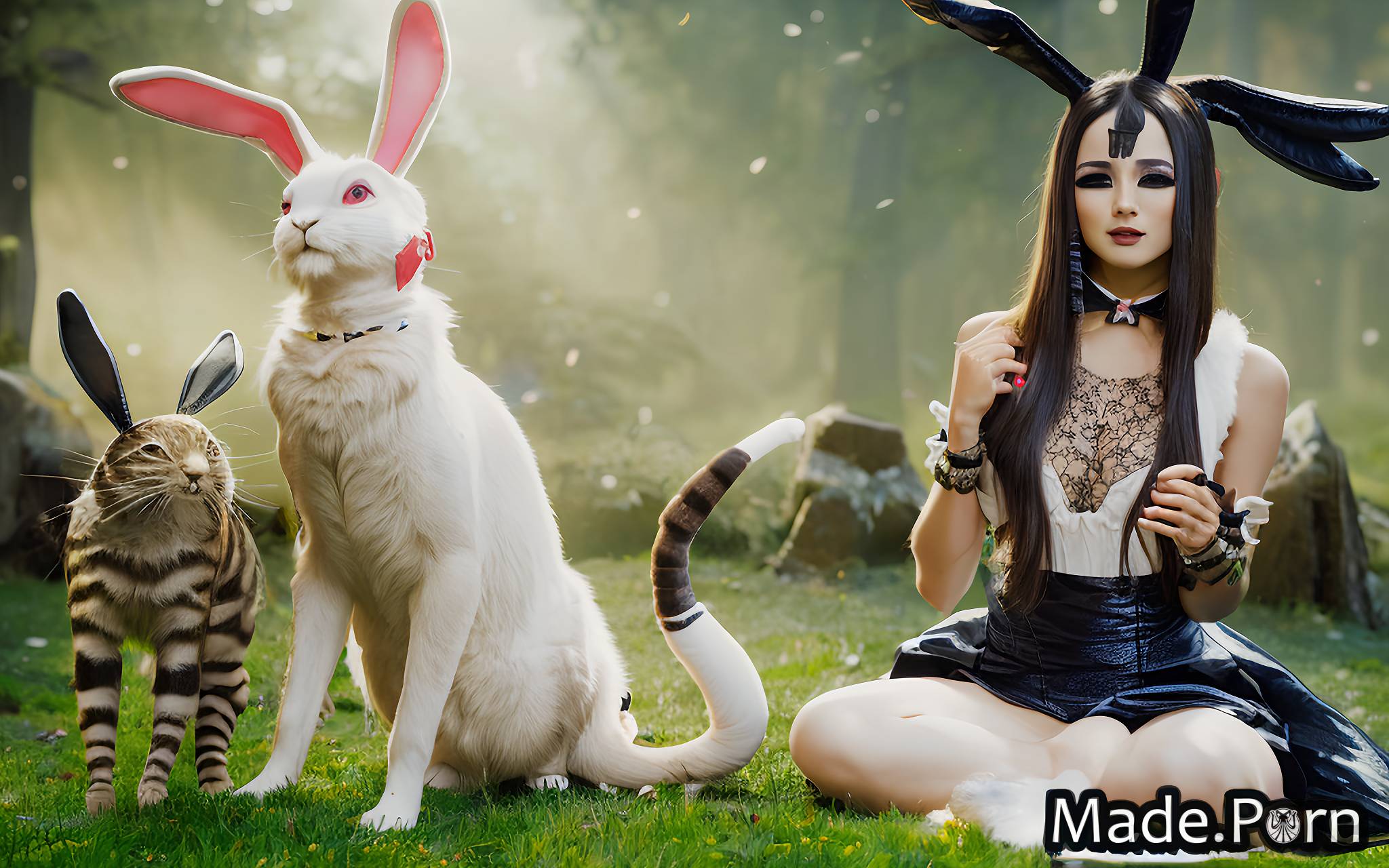 Porn image of bunny ears dog ears cat ears dog tail fish scales woman cat  tail created by AI