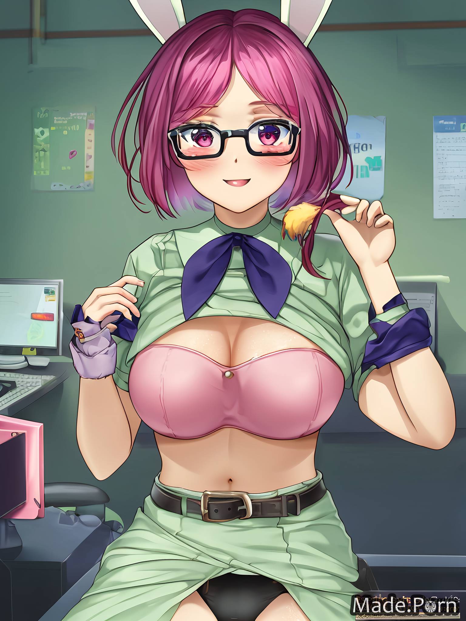 Porn image of glasses 20 long skirt anime bunny ears choker pink hair  created by AI