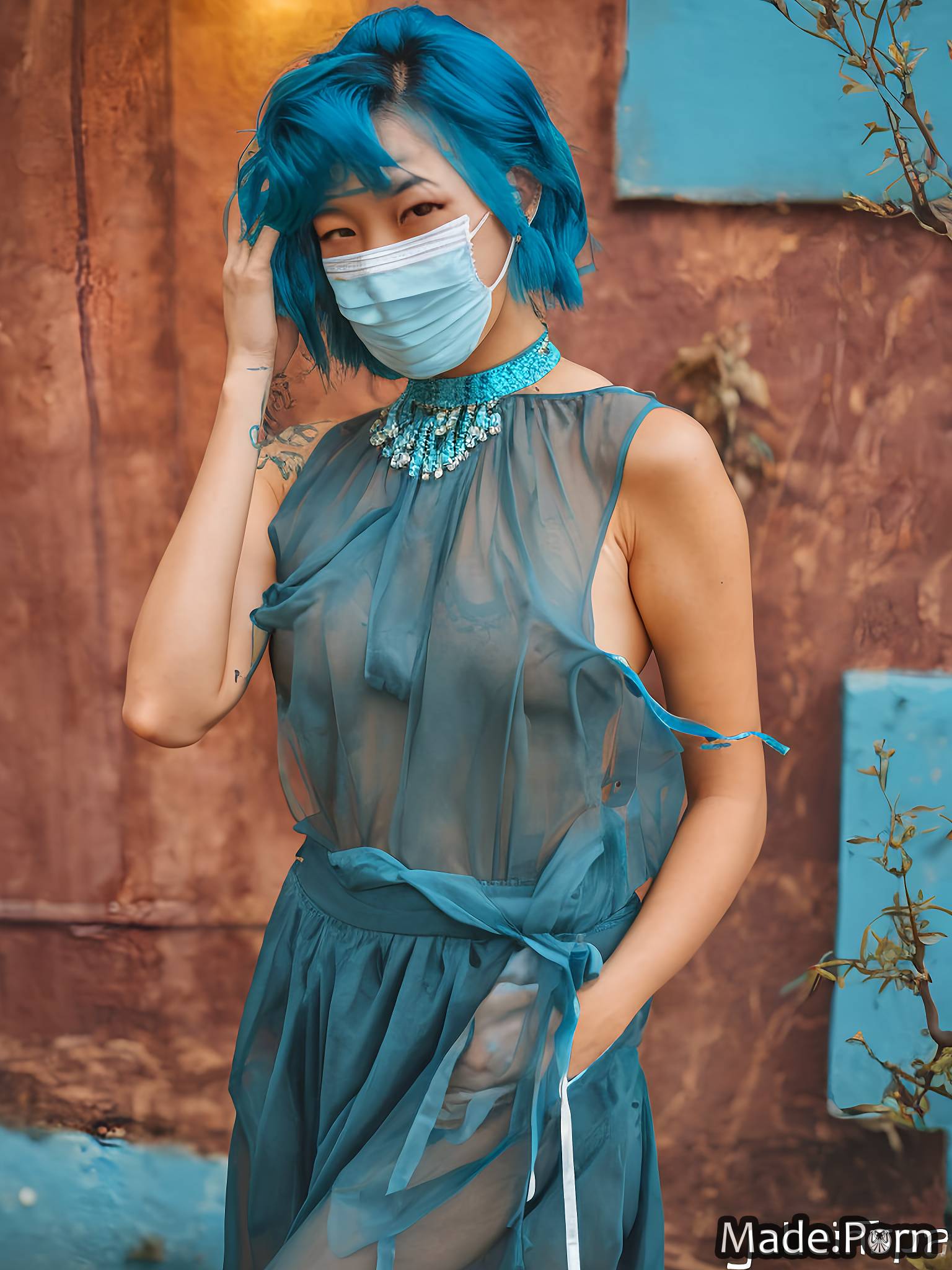 Porn image of blue hair 18 undressing photo face mask asian  