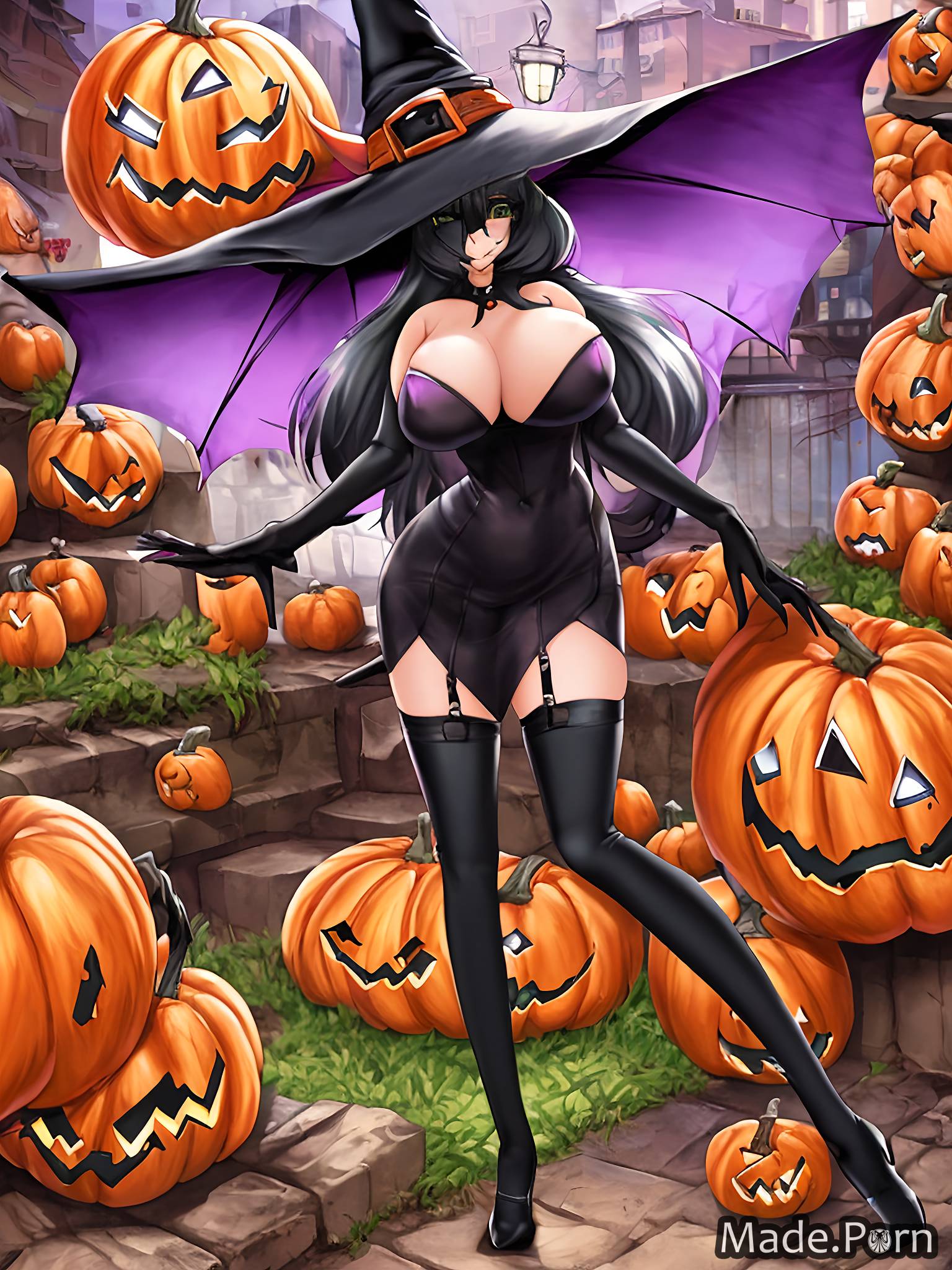 Porn image of dark black hat witch standing gloves woman created by AI