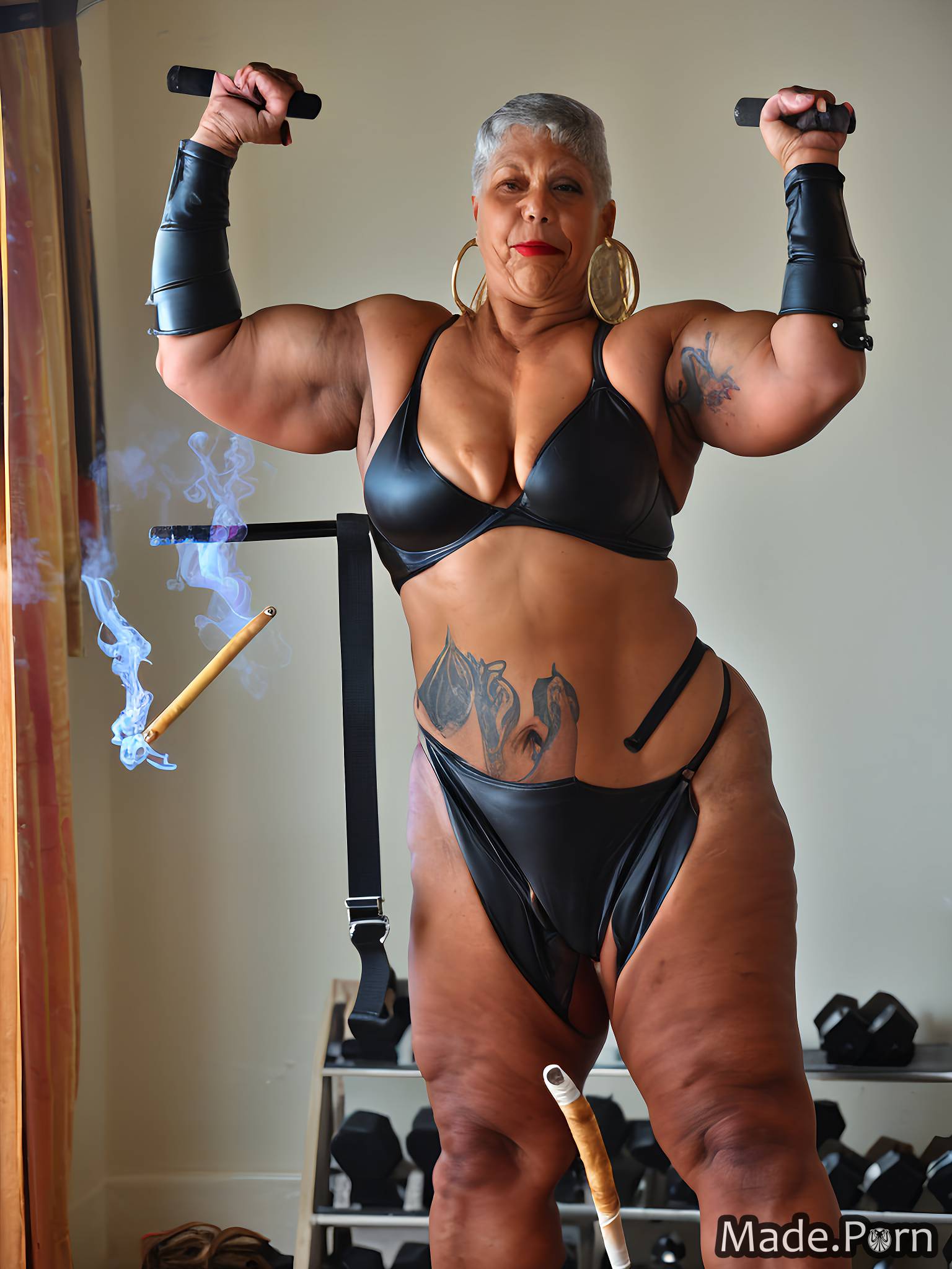 Porn image of dominatrix athlete bodybuilder working out lesbian leather  gigantic boobs created by AI