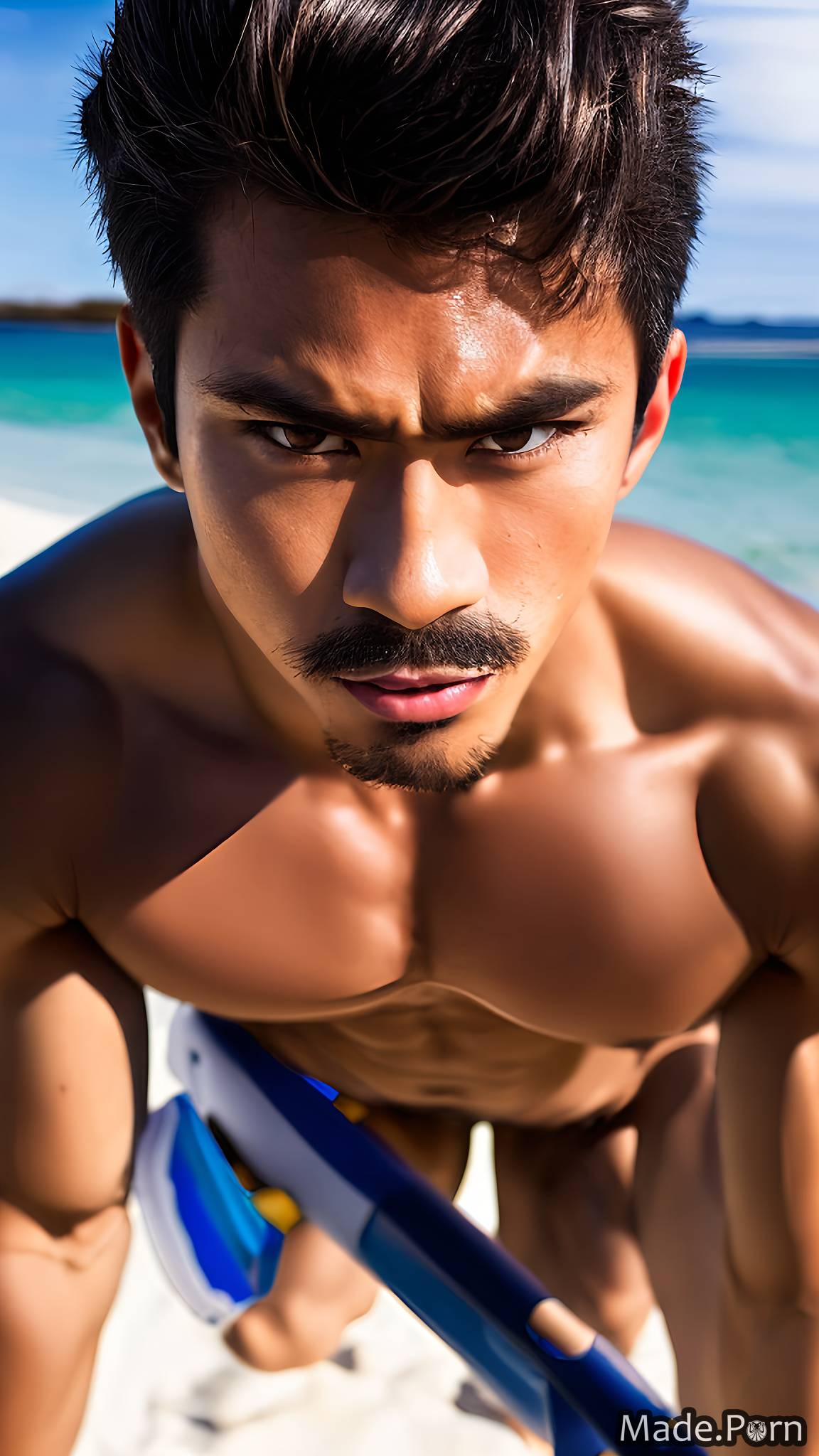 Porn image of black hair big cock shiny skin facial muscular full shot  beach created by AI