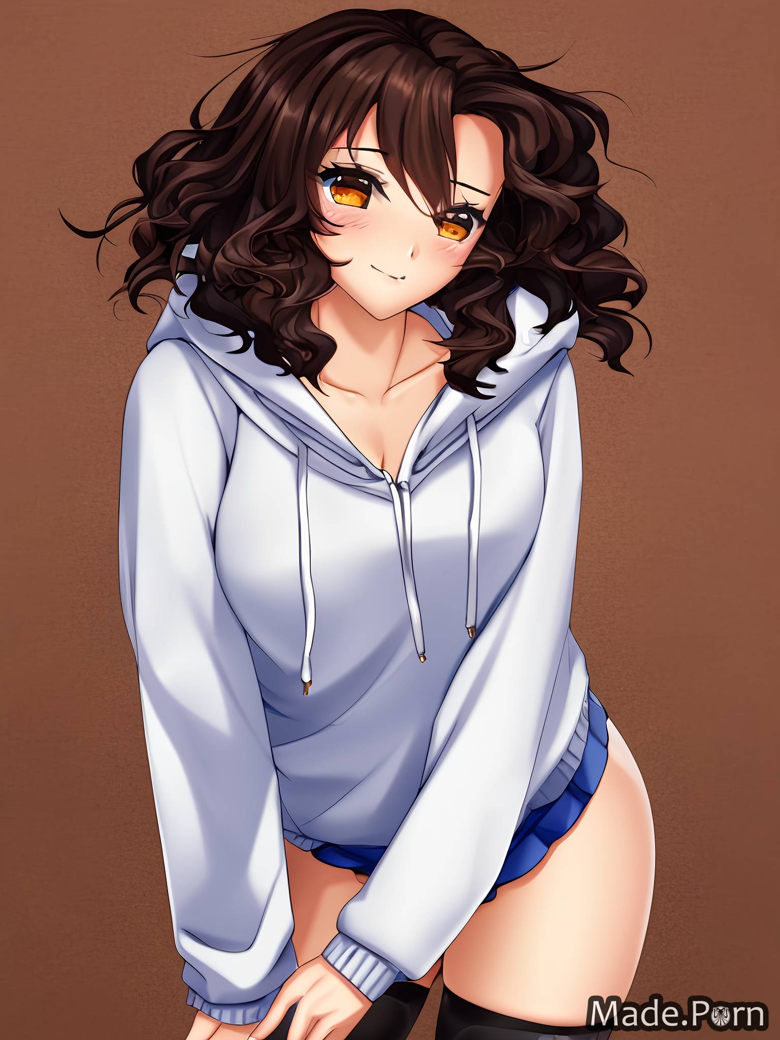 Porn image of mini skirt anime short hair brunette hoody 20 woman curly hair  created by AI