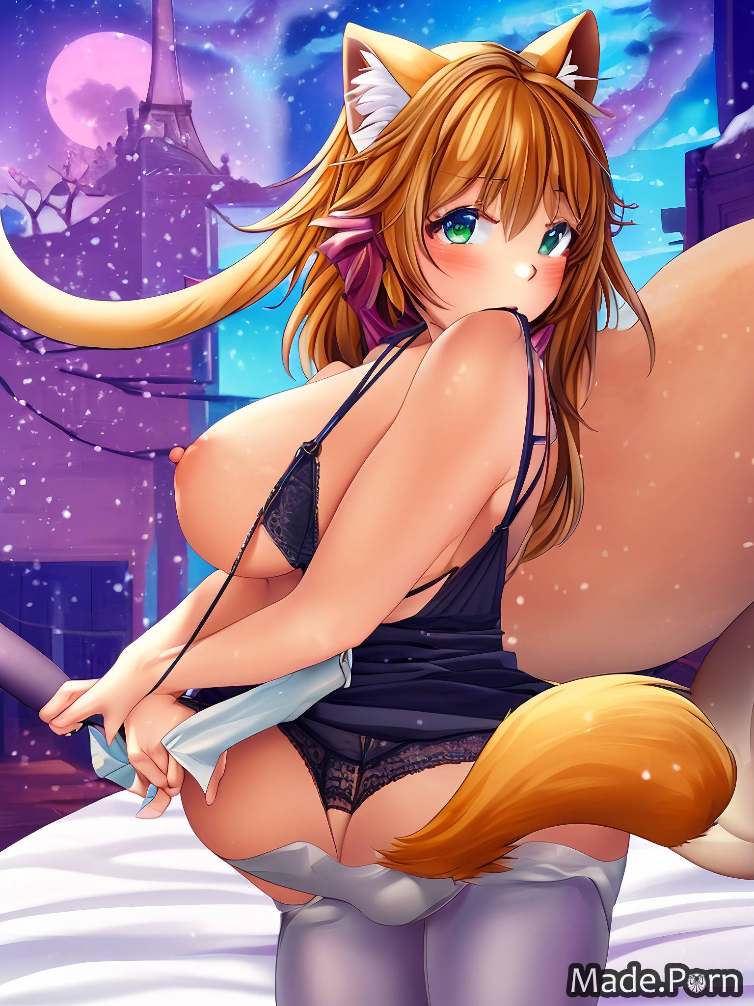 Porn image of woman undressing bed huge boobs anime glasses Eiffel Tower,  Paris created by AI