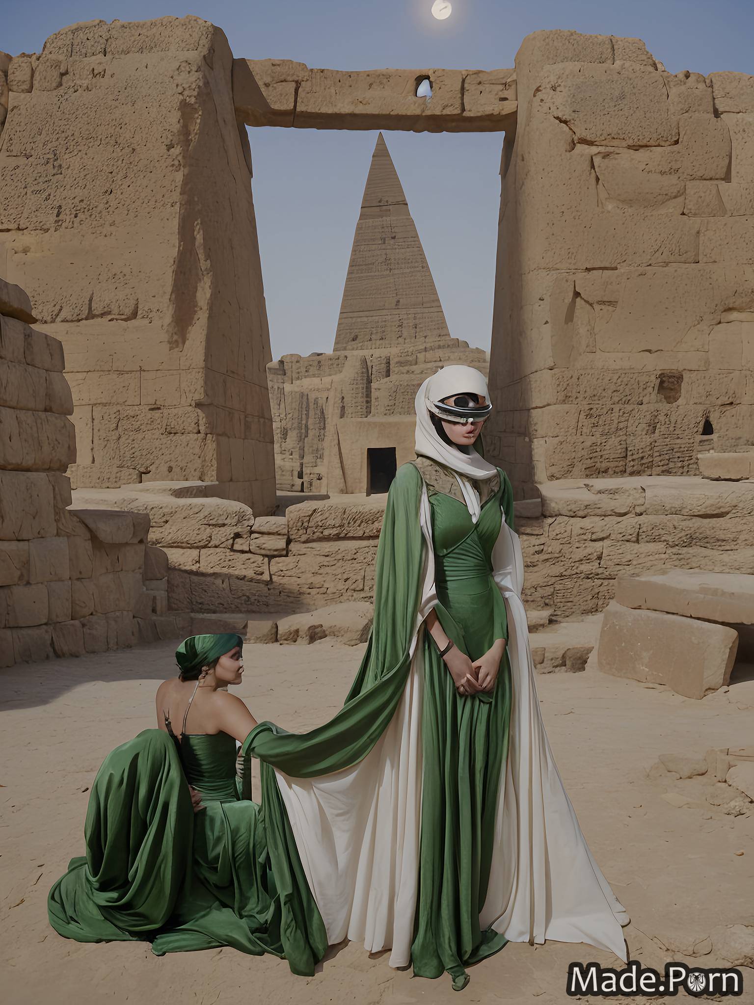 Porn image of full shot impressed sunrise plague doctor mask green hair  Pyramids of Giza, Egypt goblin created by AI