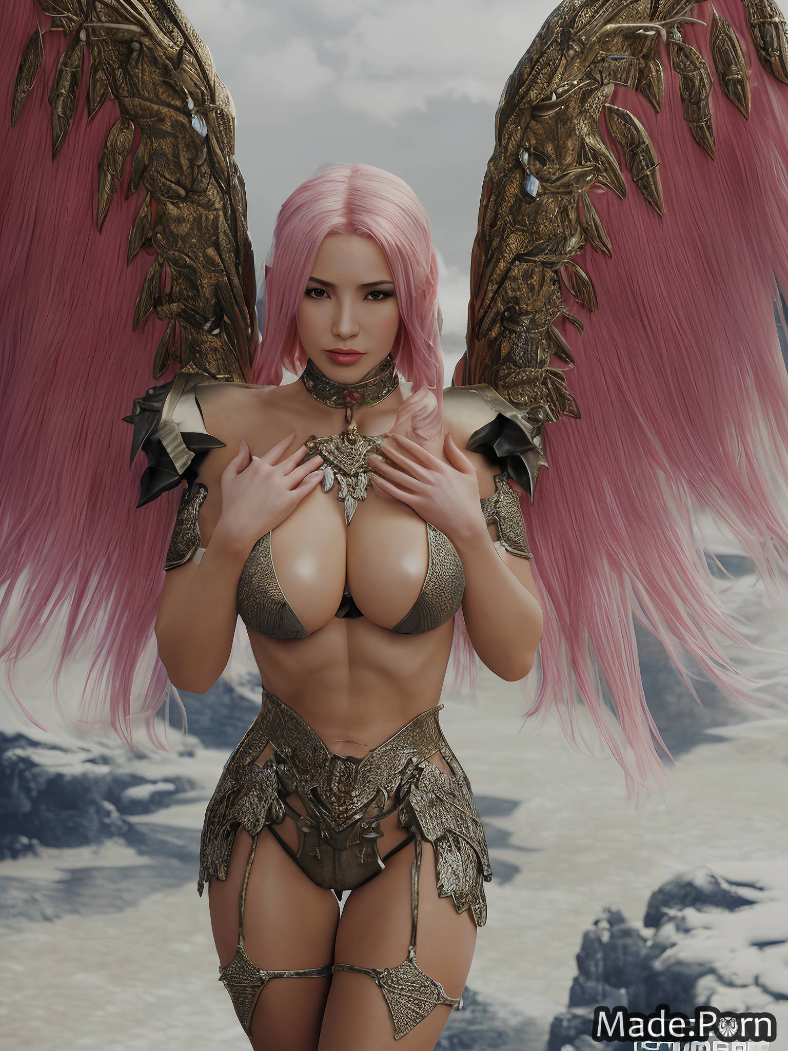 Porn image of standing leather fantasy armor angel thighs cosplay earrings  created by AI