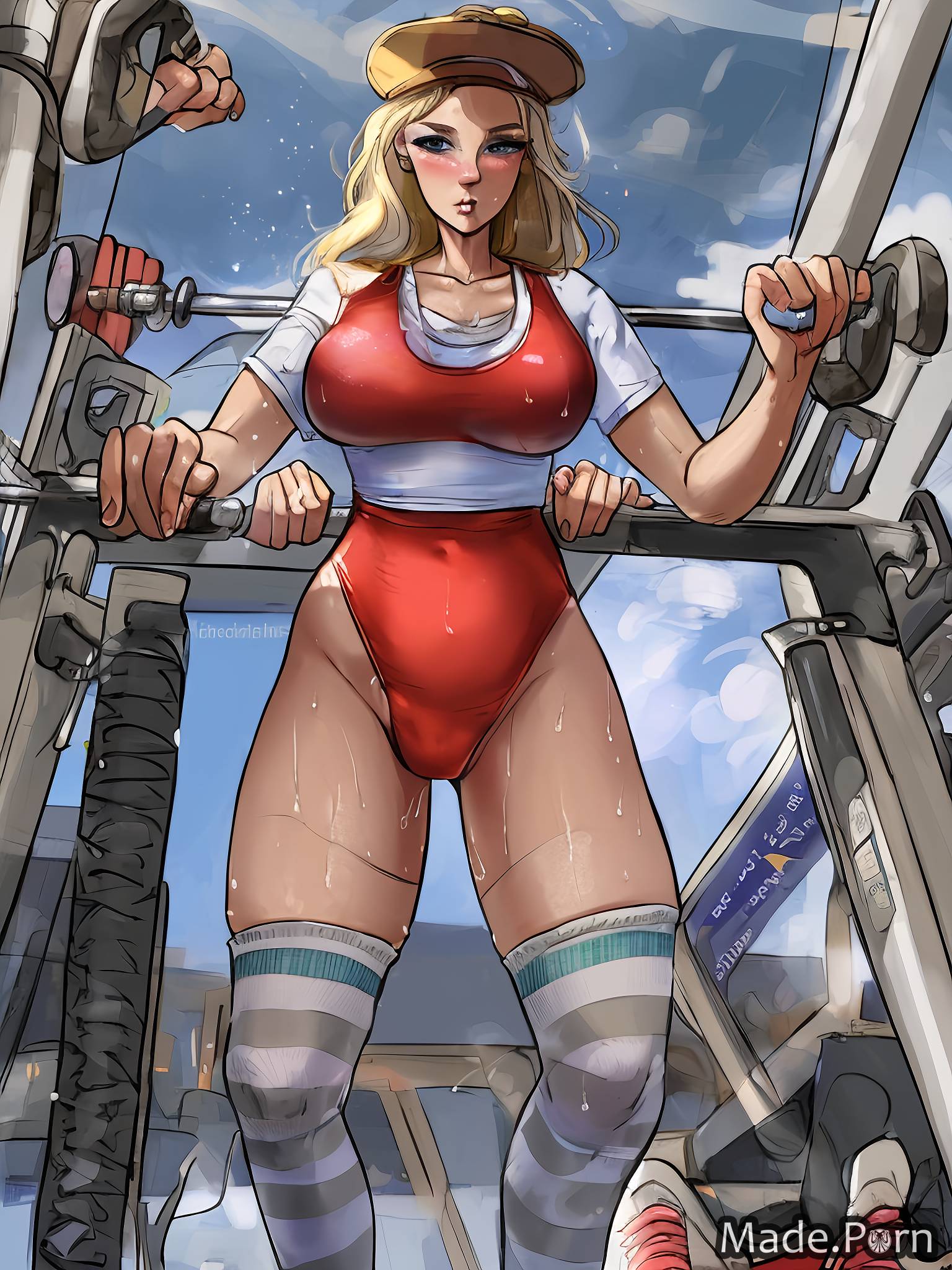 Porn image of cartoon huge boobs indifferent look 30 gym thick thighs sweat  created by AI