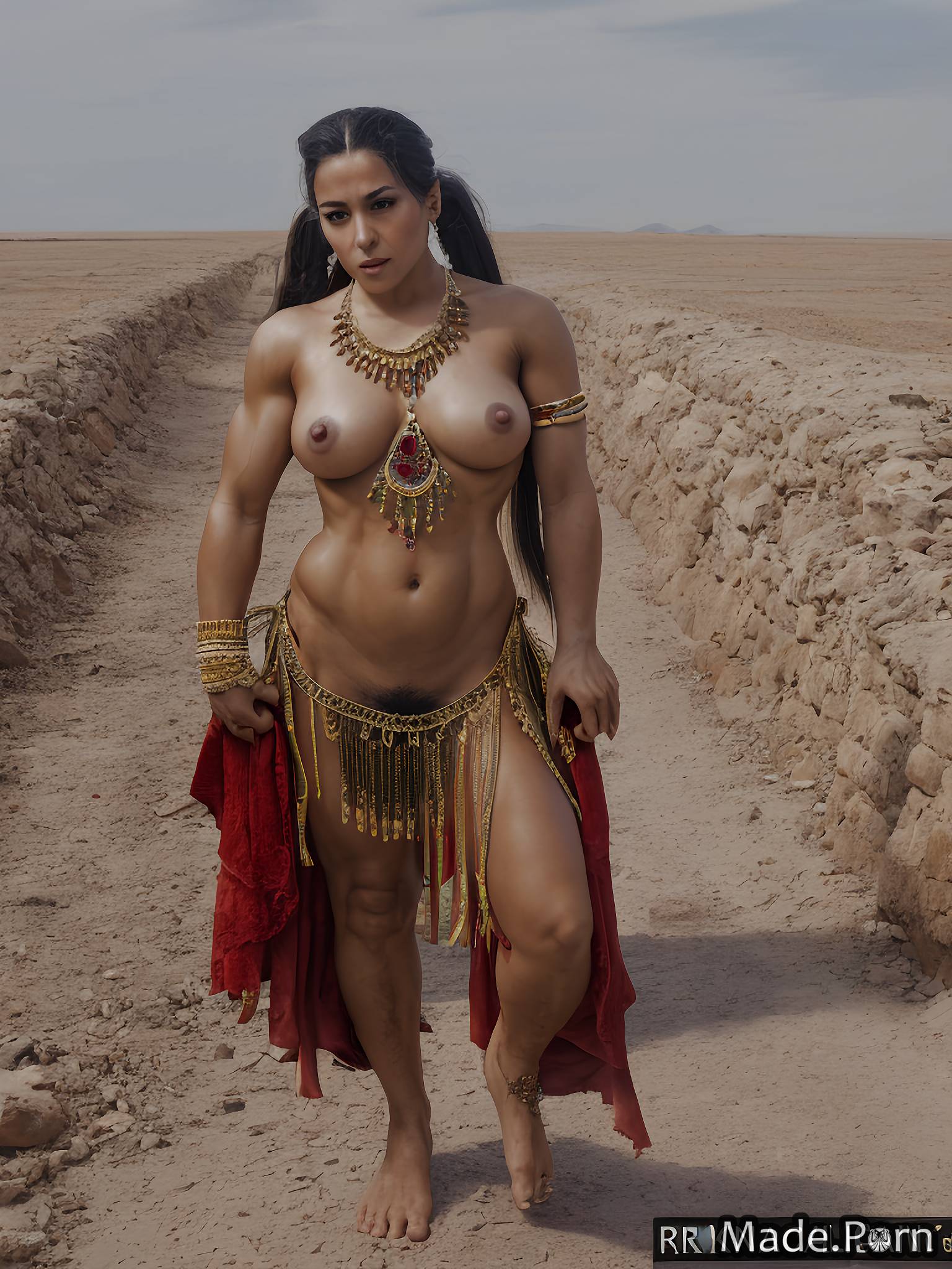 Porn image of latina belly dancer big hips gigantic boobs sci-fi bimbo  barefoot created by AI