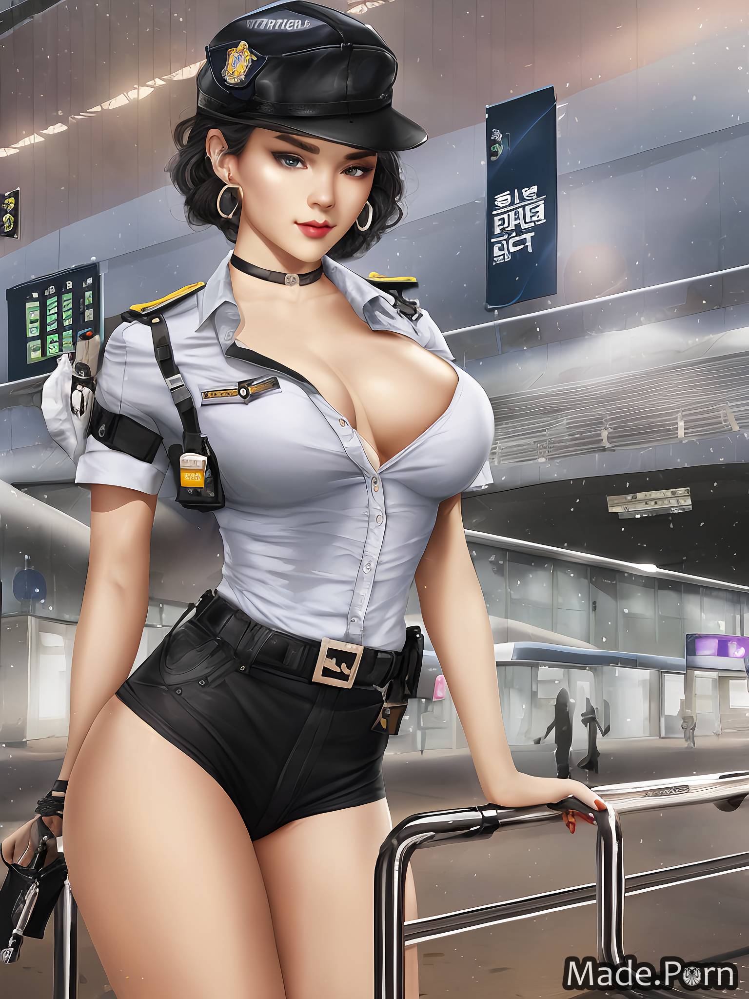 Porn image of sad big hips airport short police piercing woman created by AI