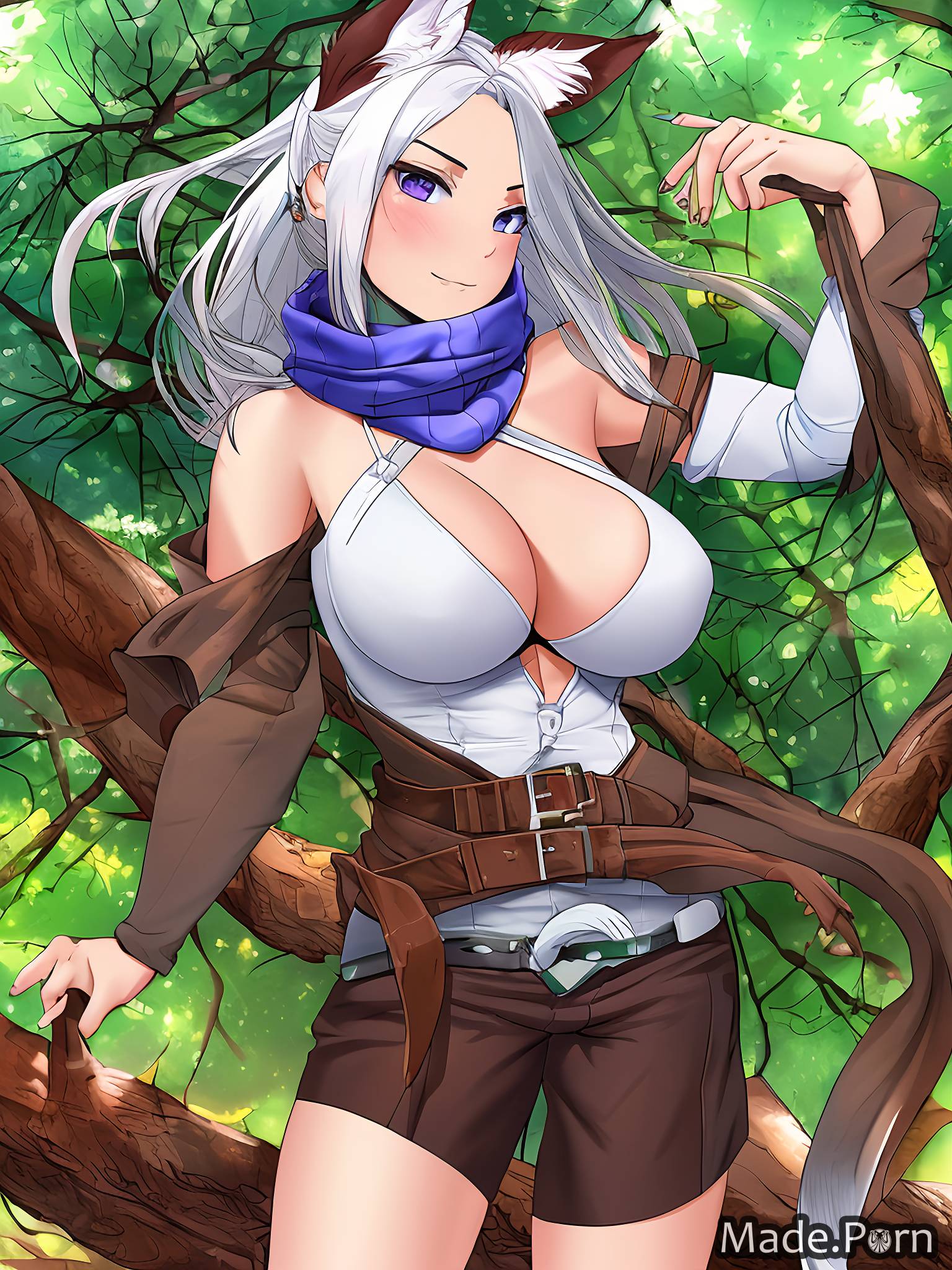 Porn image of white hair anime fully clothed roleplay daisy dukes fantasy  armor dog ears created by AI