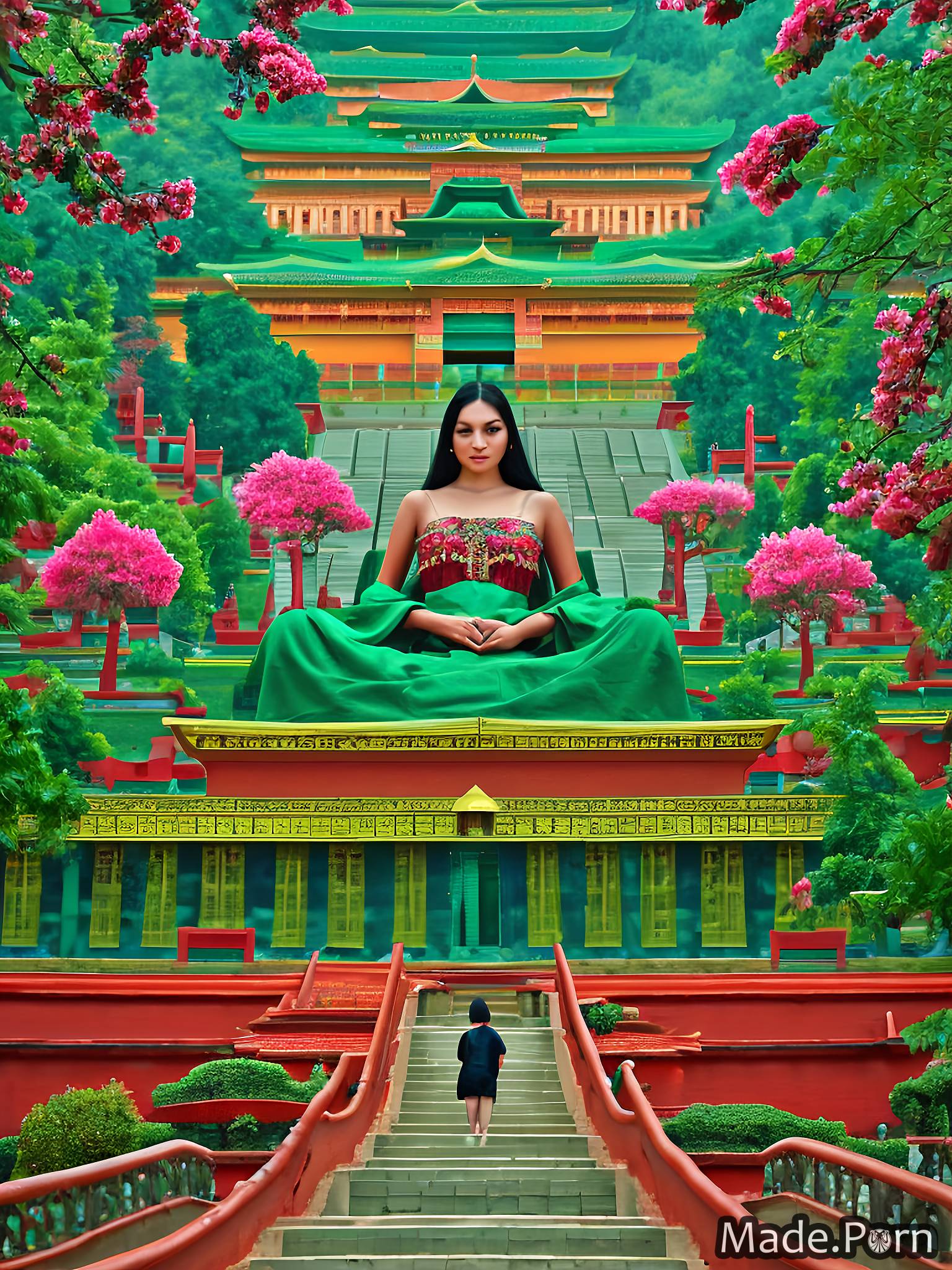 Porn image of realistic art flowers Leshan Giant Buddha, China gold  sapphire red green created by AI