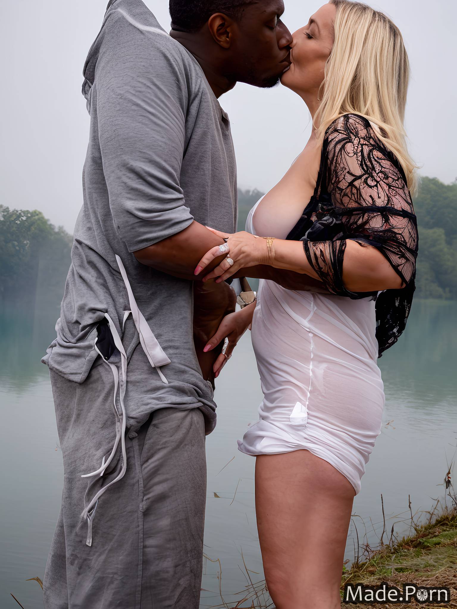 Clothed Romance - Porn image of fully clothed kissing photo cleavage sunrise interracial big  cock created by AI