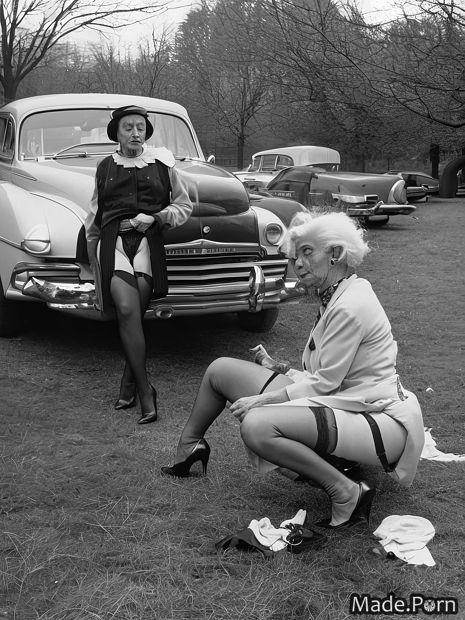 Vintage Cars Nude - Porn image of washing car 80 nude 40s high heels stockings suspender belt  gray created by AI