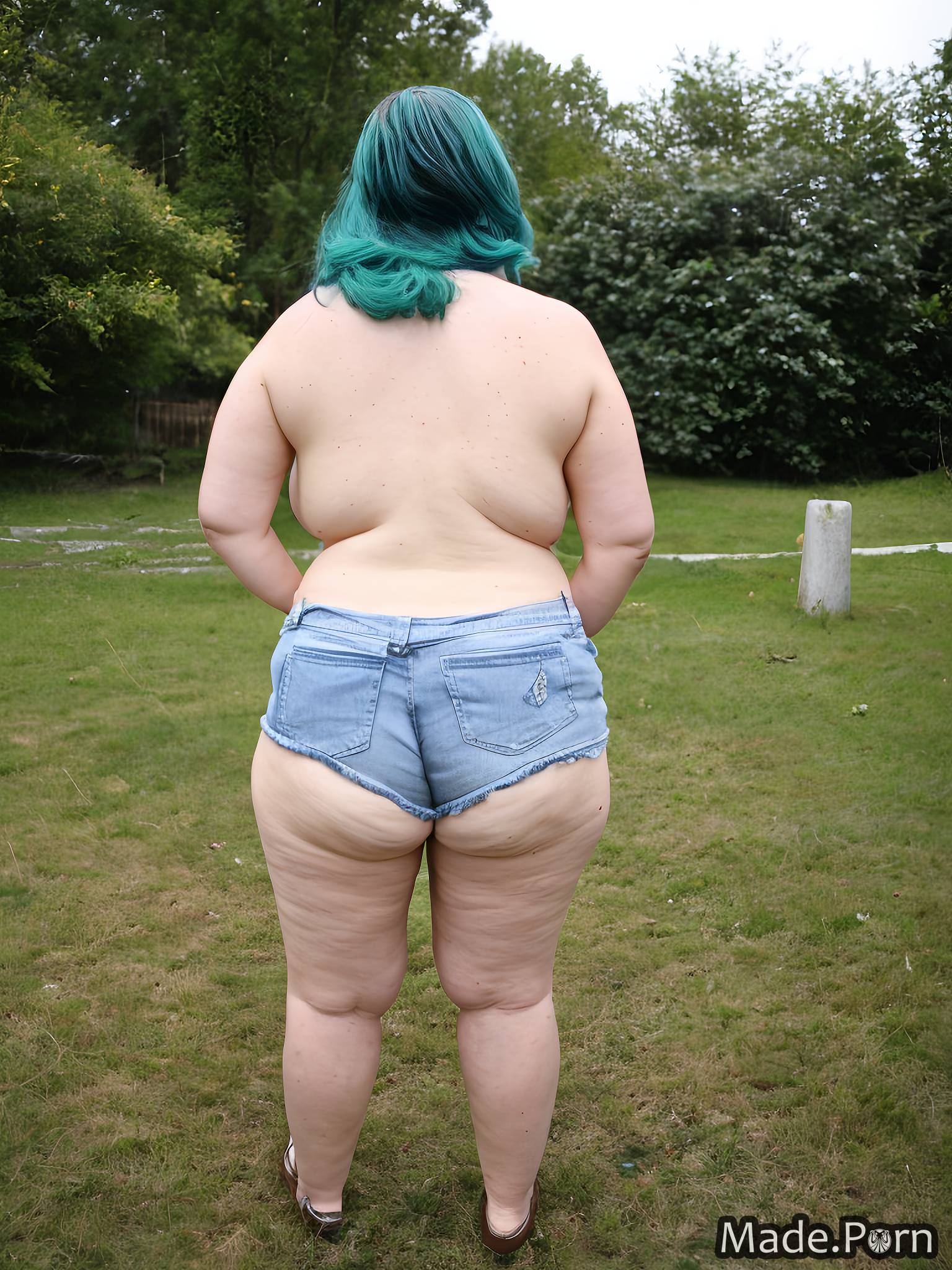 Porn image of long legs headphones inverted bobcut green hair thighs thick  fat created by AI